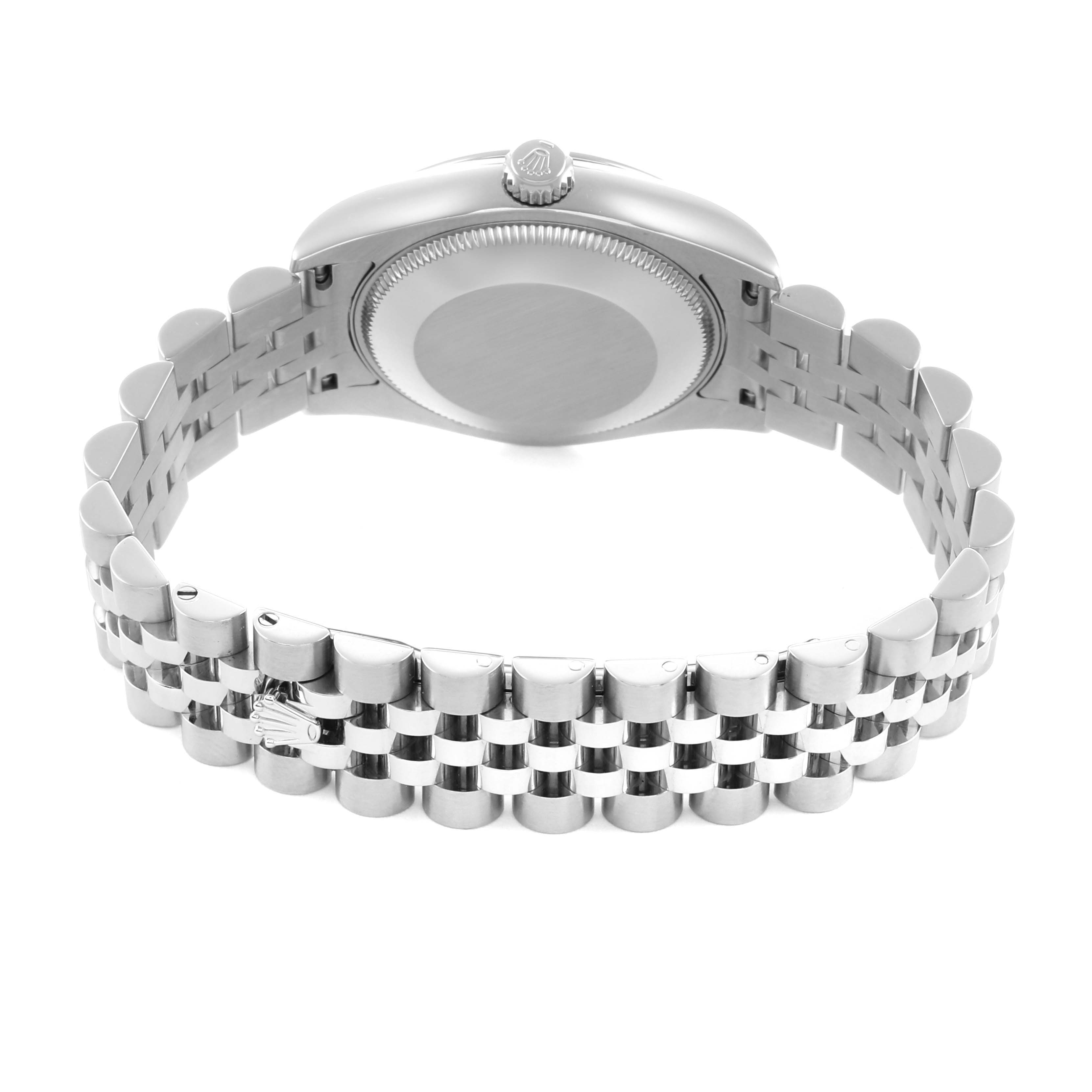 The Rolex Datejust 178240 Women's Stainless Steel Pink Dial watch is shown from the back, highlighting the case back and bracelet.