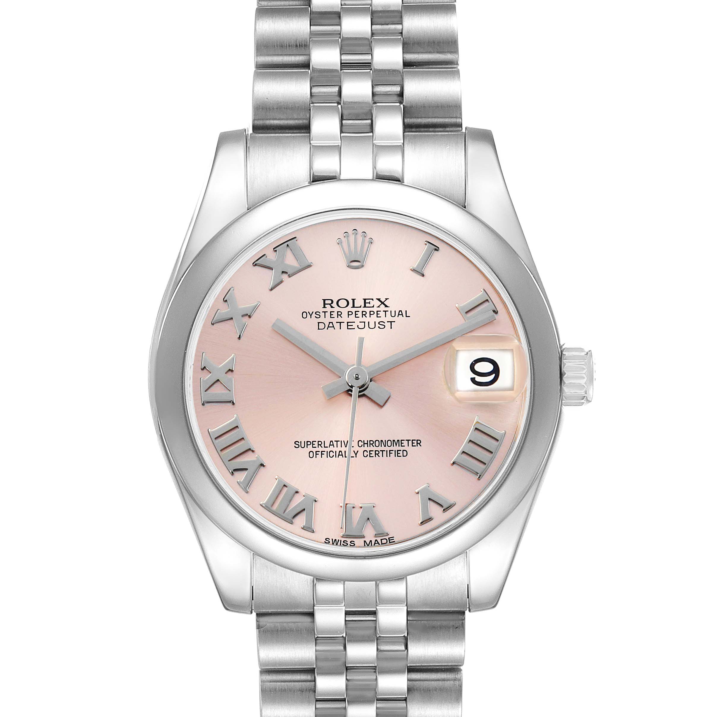 The image shows a frontal view of a Rolex Datejust 178240 Women's Stainless Steel Pink Dial watch, displaying the dial, bezel, crown, and bracelet.
