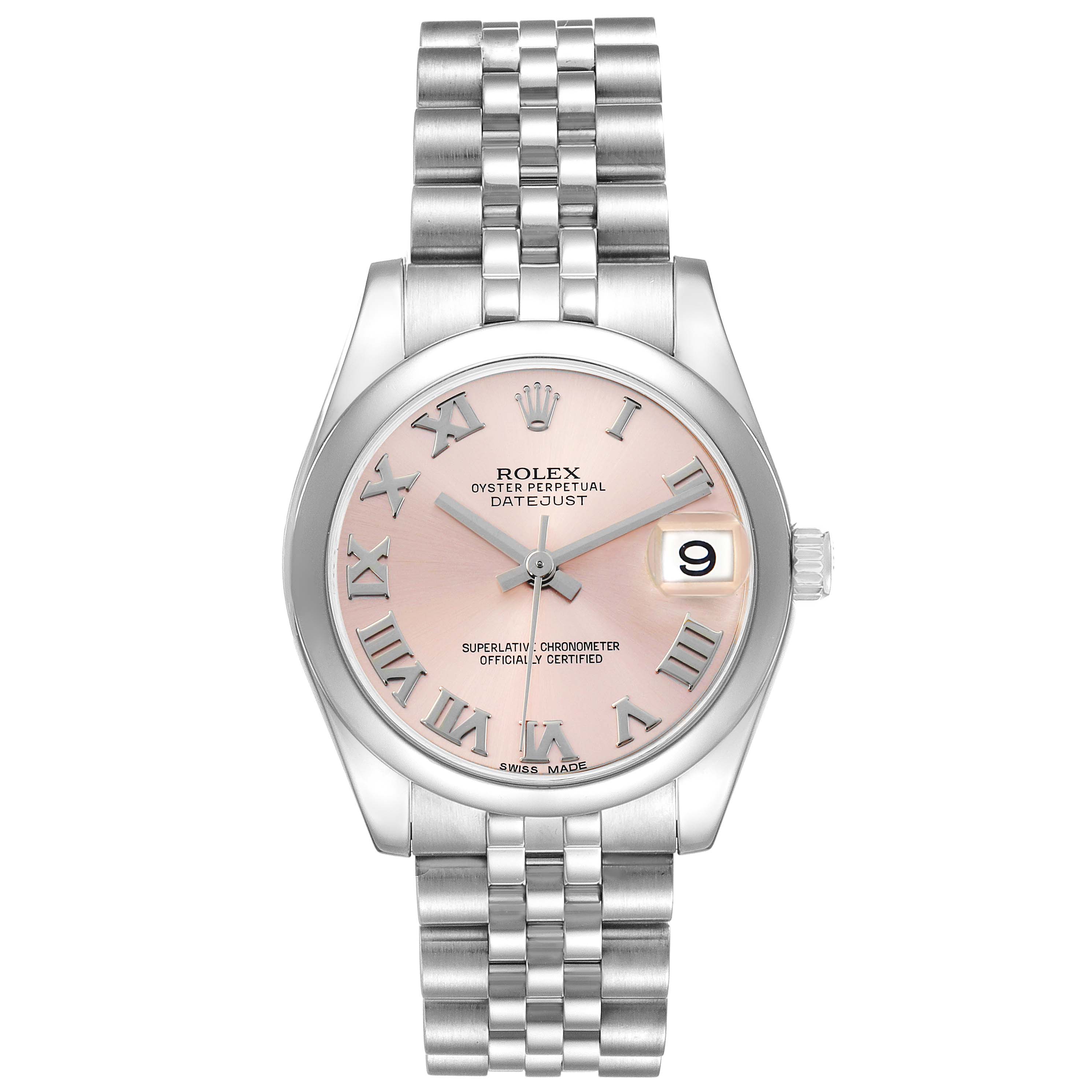 The Rolex Datejust 178240 Women's Stainless Steel Pink Dial watch is shown from a top-down angle, displaying the dial, bracelet, and date window.