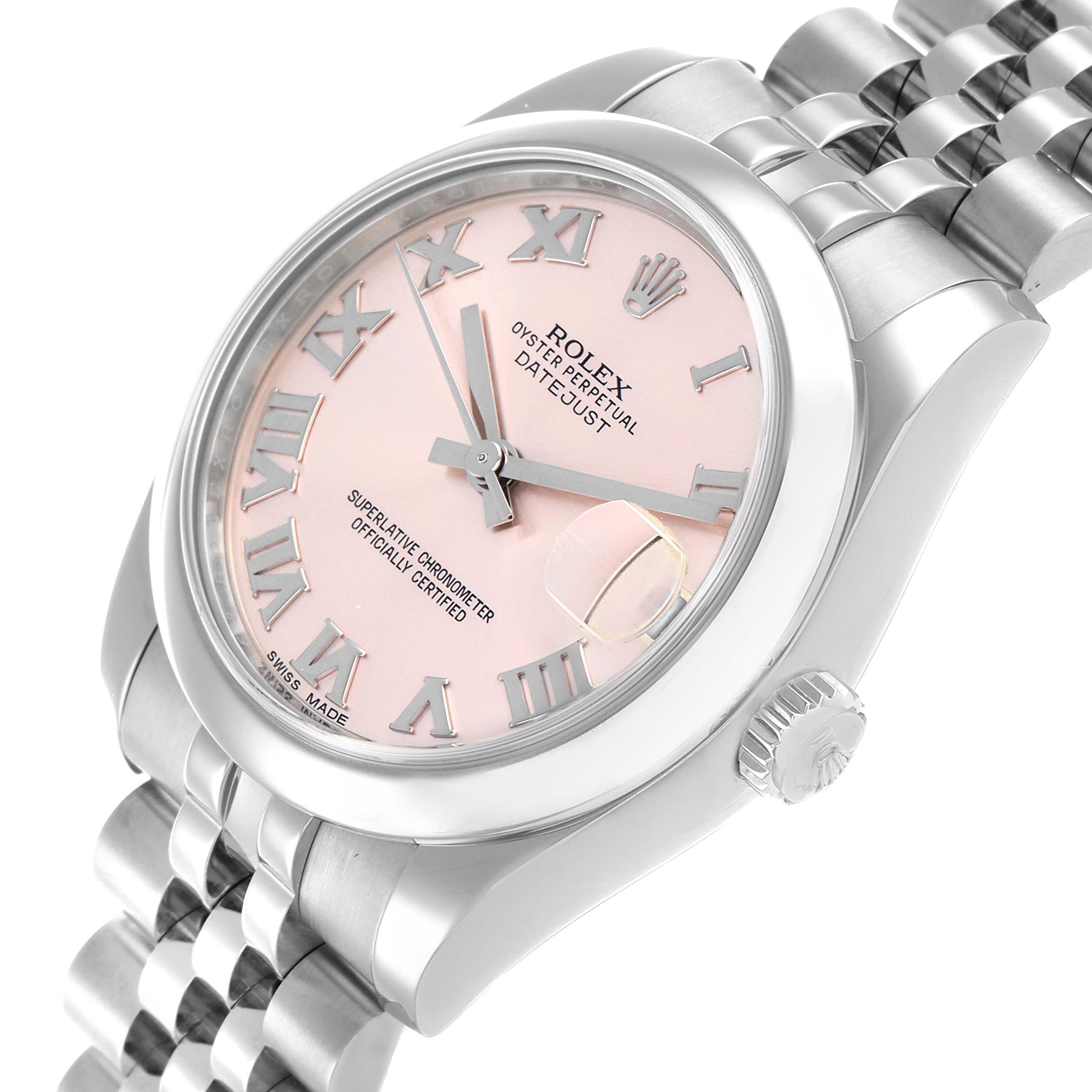 The Rolex Datejust 178240 Women's Stainless Steel Pink Dial watch is shown at an angled close-up, highlighting the pink dial, Roman numerals, crown, and Jubilee bracelet.