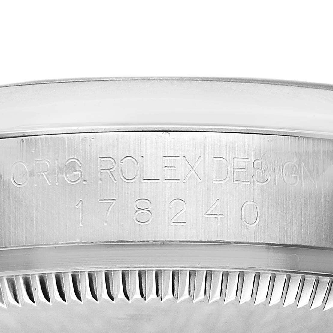 The image shows a close-up side view of the casing and bezel on a Rolex Datejust 178240 Women's Stainless Steel Pink Dial, highlighting the engraved model number.