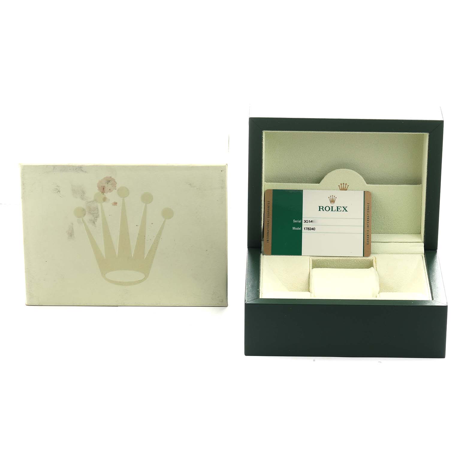 The image shows a Rolex Datejust 178240 Women's Stainless Steel Pink Dial box and warranty card without the watch, viewed from the front.