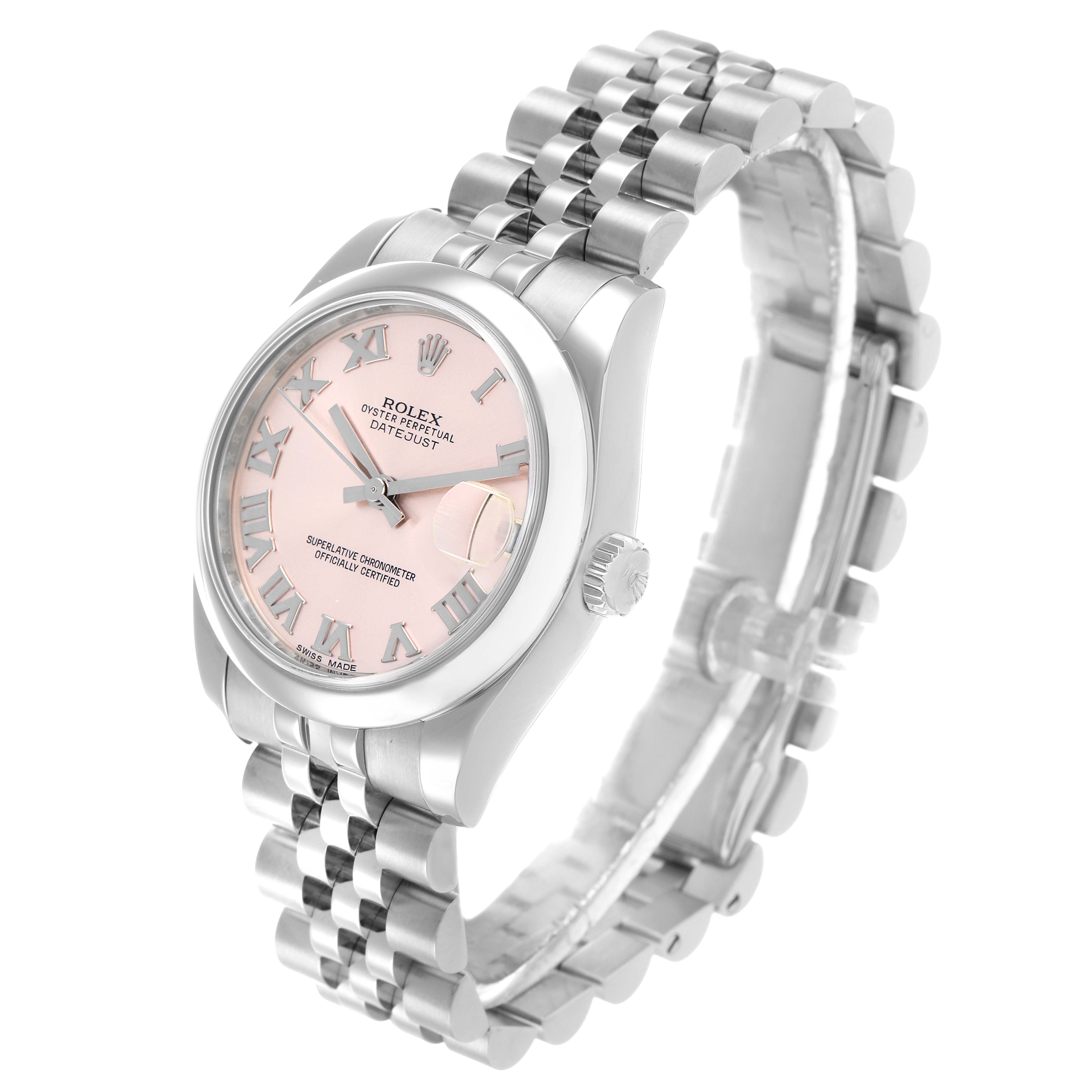 The Rolex Datejust 178240 Women's Stainless Steel Pink Dial watch is shown from a three-quarter angle, highlighting the face, case, crown, and bracelet.