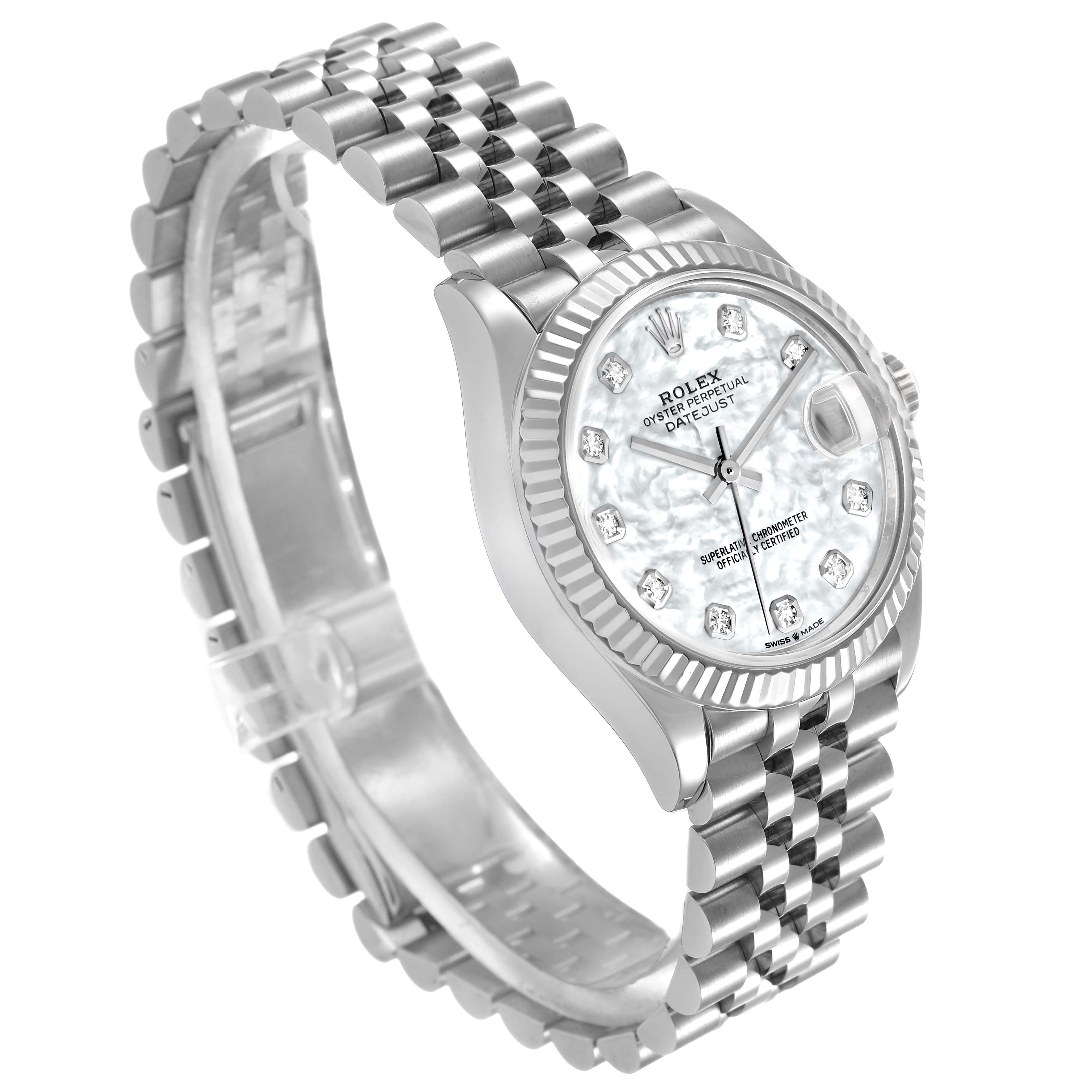 The Rolex Mid-Size 278274 Women's Stainless Steel Mother of Pearl Dial watch is shown from an upper side angle, highlighting the dial, bezel, and Jubilee bracelet.