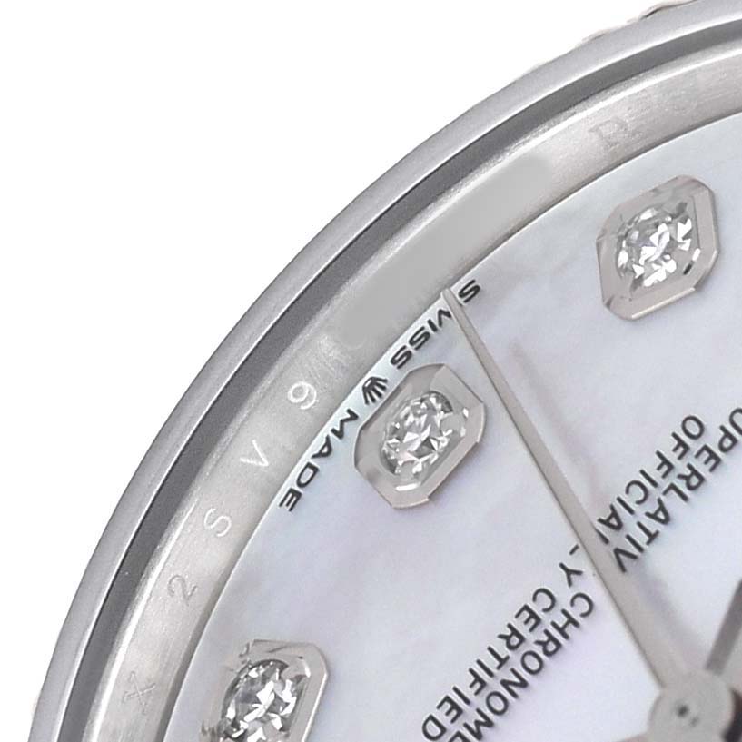 The image shows a close-up of the dial on a Rolex Mid-Size 278274 Women's Stainless Steel Mother of Pearl Dial watch, featuring diamond hour markers and part of the bezel.