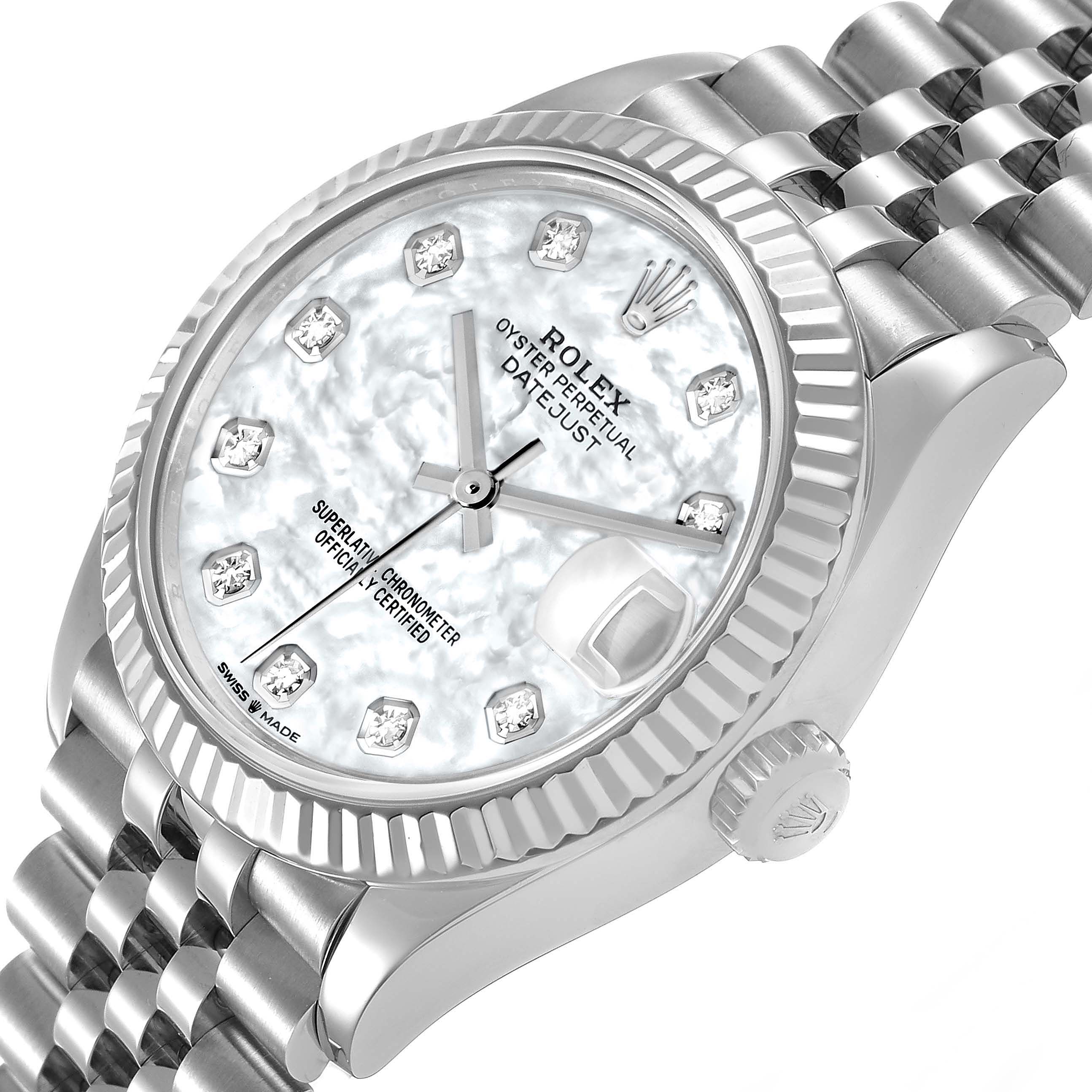 The Rolex Mid-Size 278274 Women's Stainless Steel Mother of Pearl Dial model is shown at a three-quarter angle, highlighting the watch face, crown, bezel, and part of the bracelet.