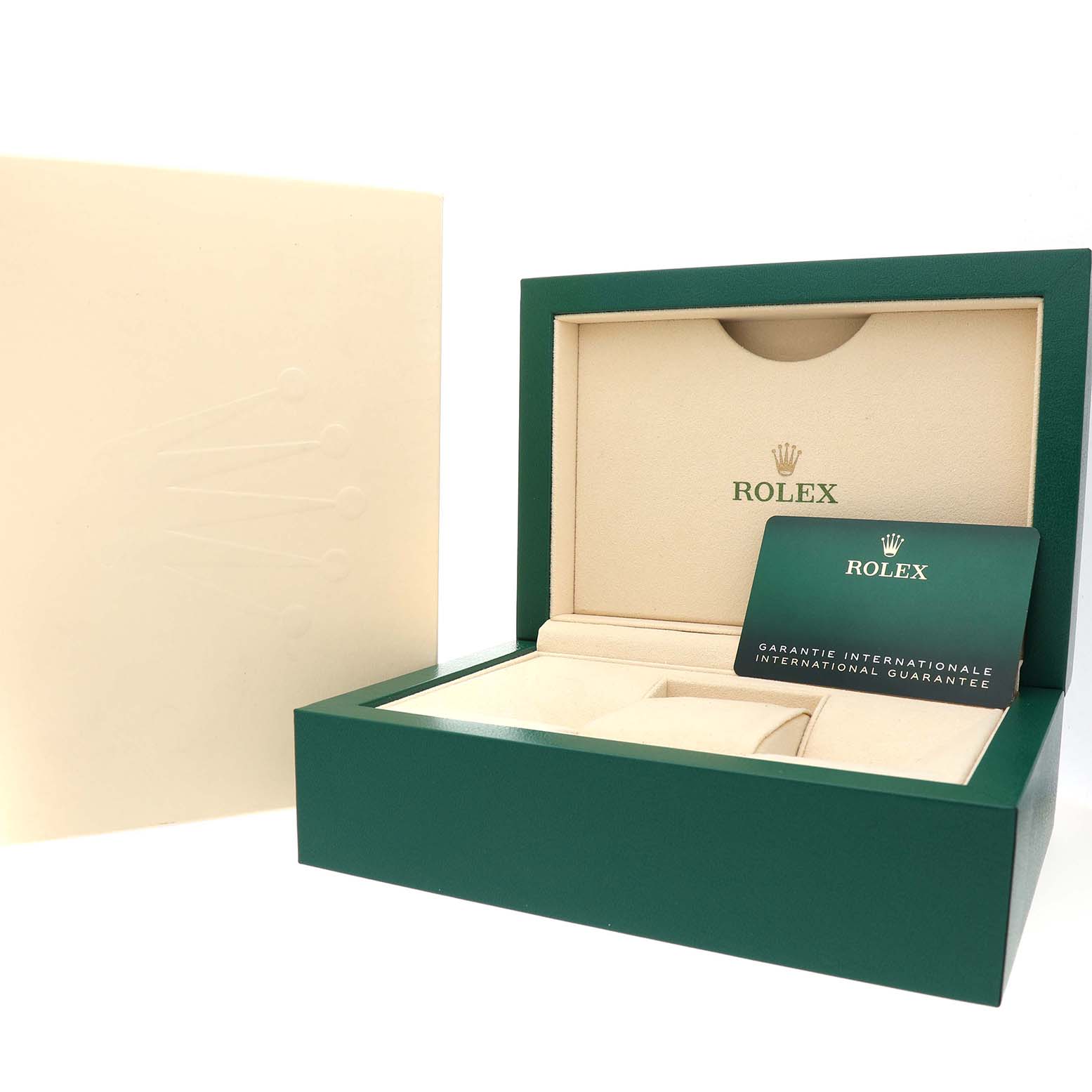 The image shows a Rolex Mid-Size 278274 Women's Stainless Steel Mother of Pearl Dial model watch box and international guarantee card from a front angle, revealing the interior and packaging.