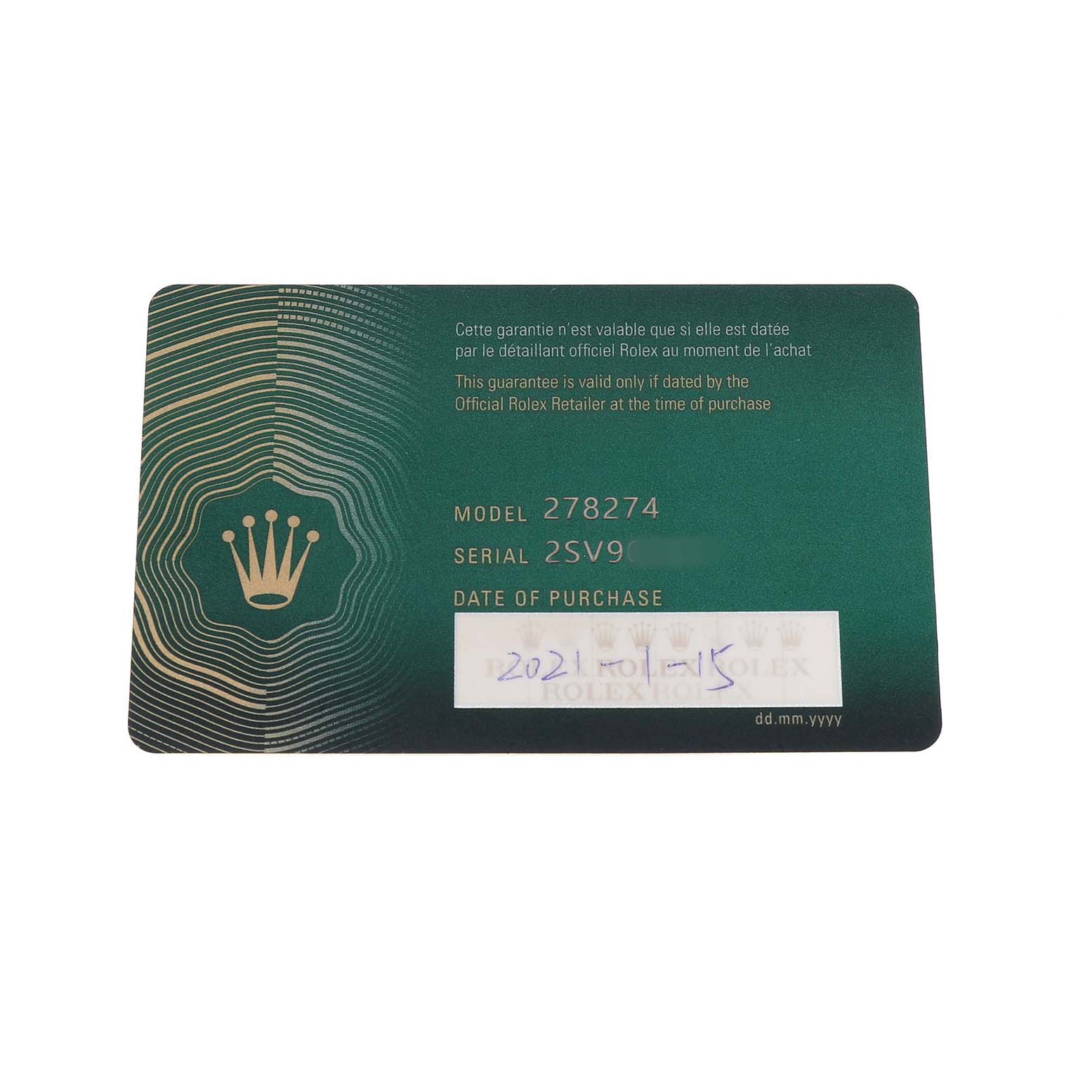 The image shows a flat view of a Rolex warranty card for the Mid-Size model 278274.