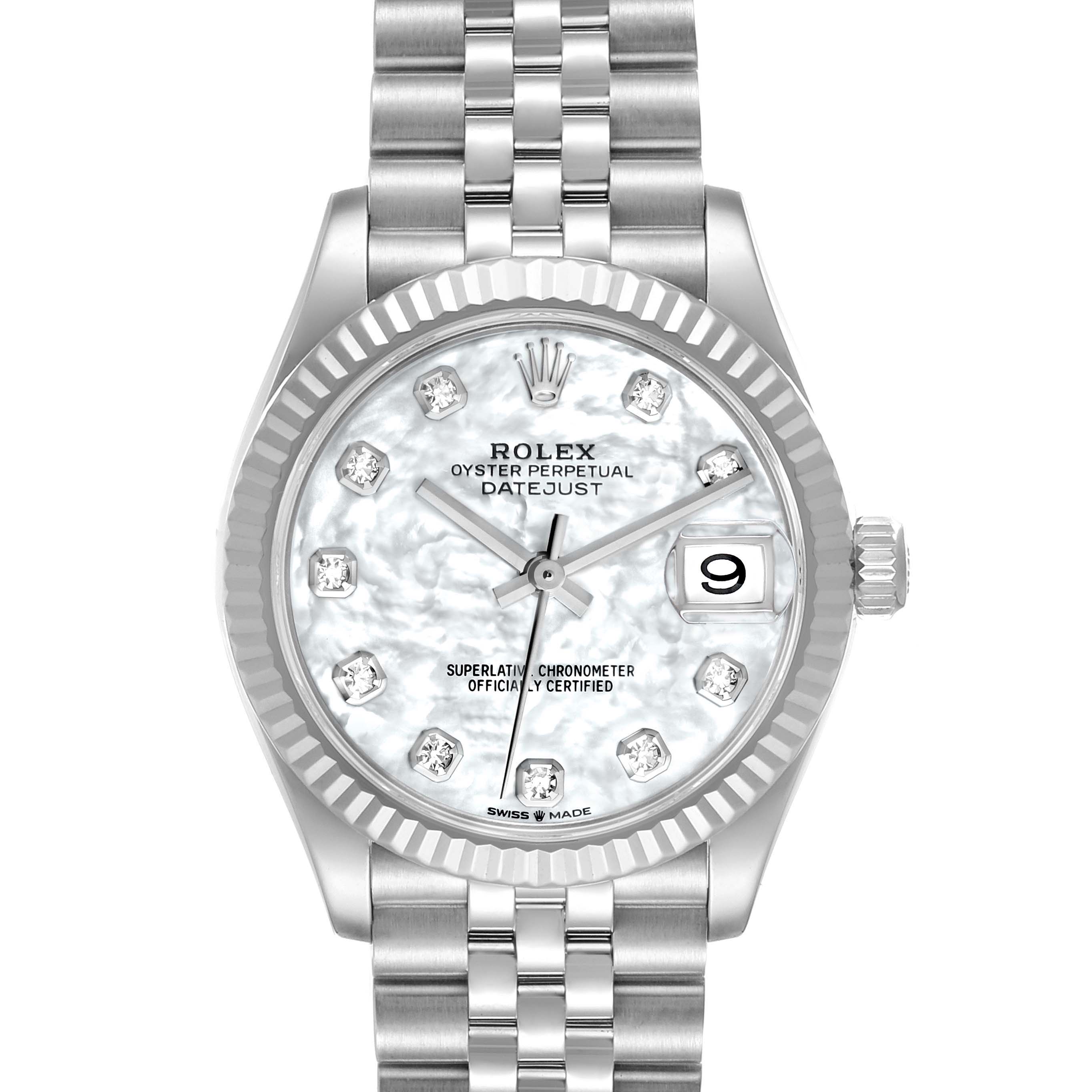 The Rolex Datejust Mid-Size watch is shown from a front angle, highlighting the dial, fluted bezel, and Jubilee bracelet.