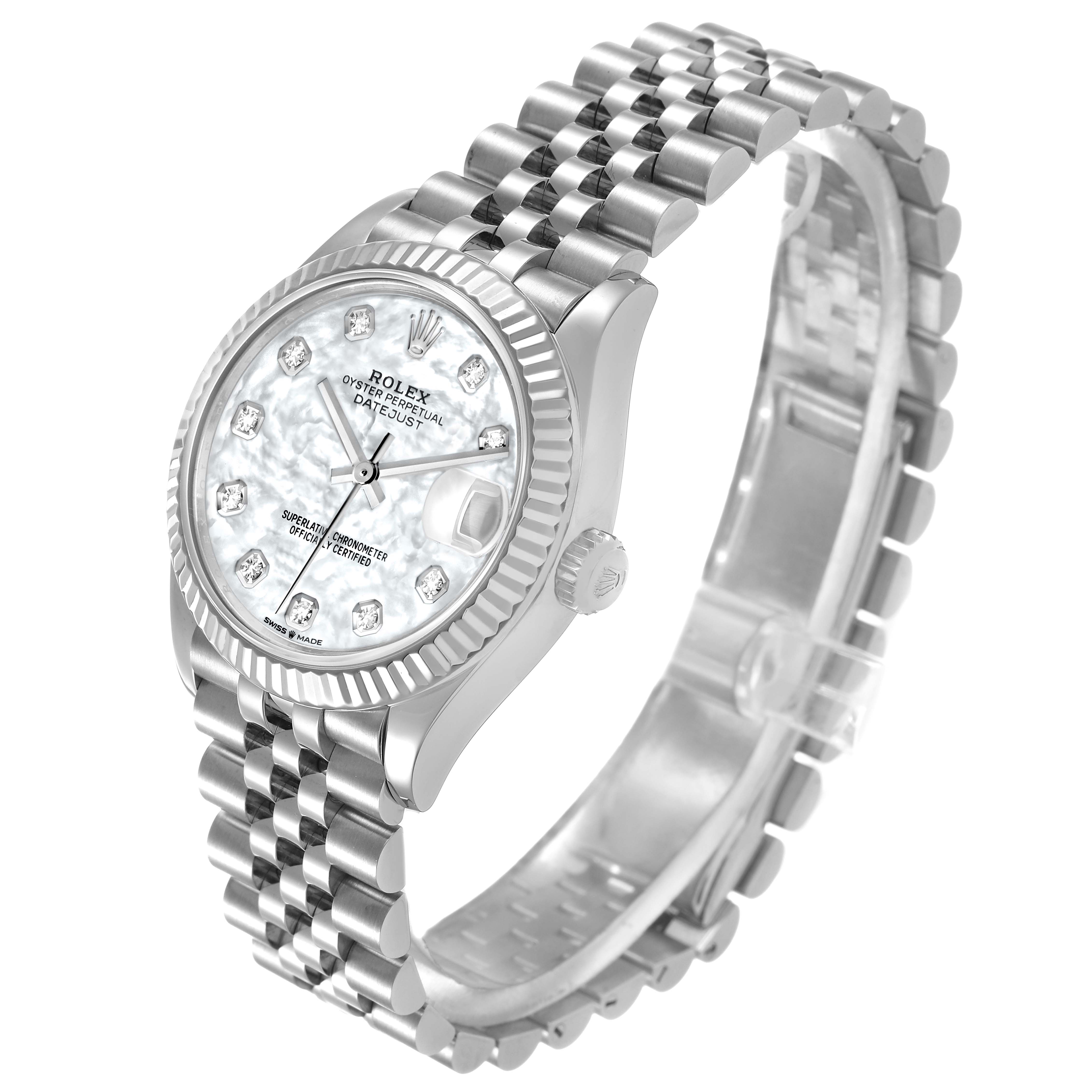 The Rolex Mid-Size 278274 Women's Stainless Steel Mother of Pearl Dial watch is shown from an angled side view, displaying the dial, case, and Jubilee bracelet.