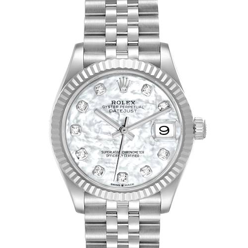 The Rolex Datejust Mid-Size watch is shown from a frontal angle, displaying the face, bezel, hour markers, and bracelet.