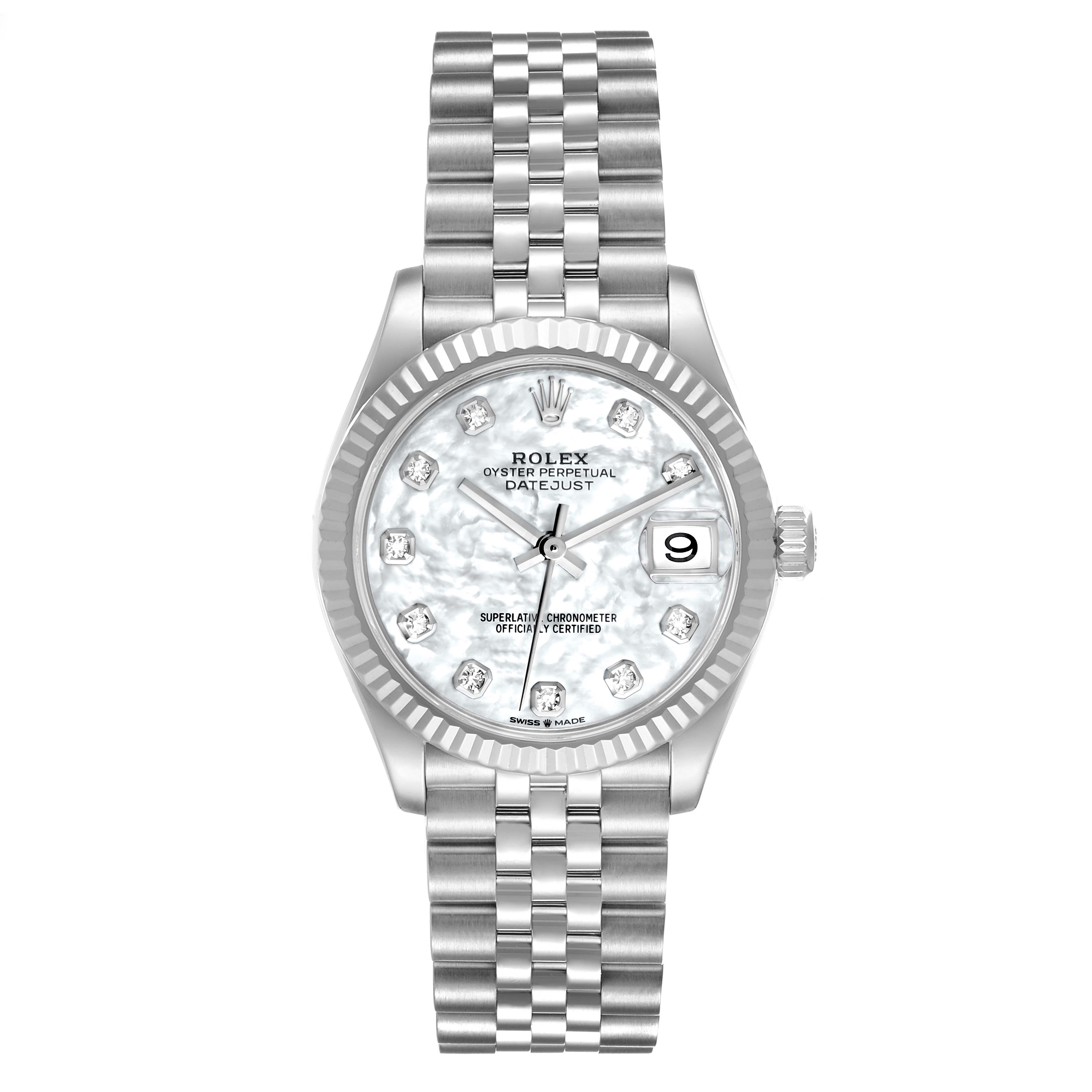 The Rolex Mid-Size 278274 Women's Stainless Steel Mother of Pearl Dial watch is shown from the front, displaying the dial, bezel, bracelet, and crown.