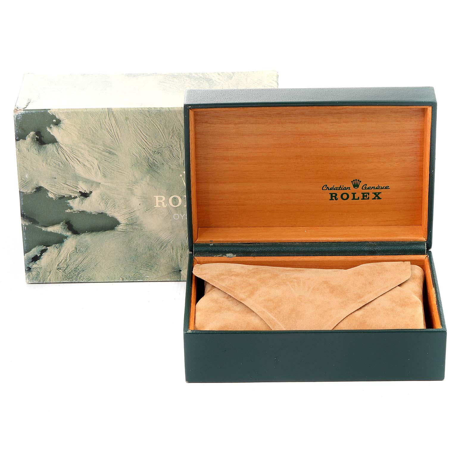 The image shows a Rolex Mid-Size 68273 Women's Steel and Gold (two tone) Blue Dial 68273 Women's Steel and Gold (two tone) Blue Dial watch storage box and an outer box, with the inner box opened to reveal a suede pouch inside.