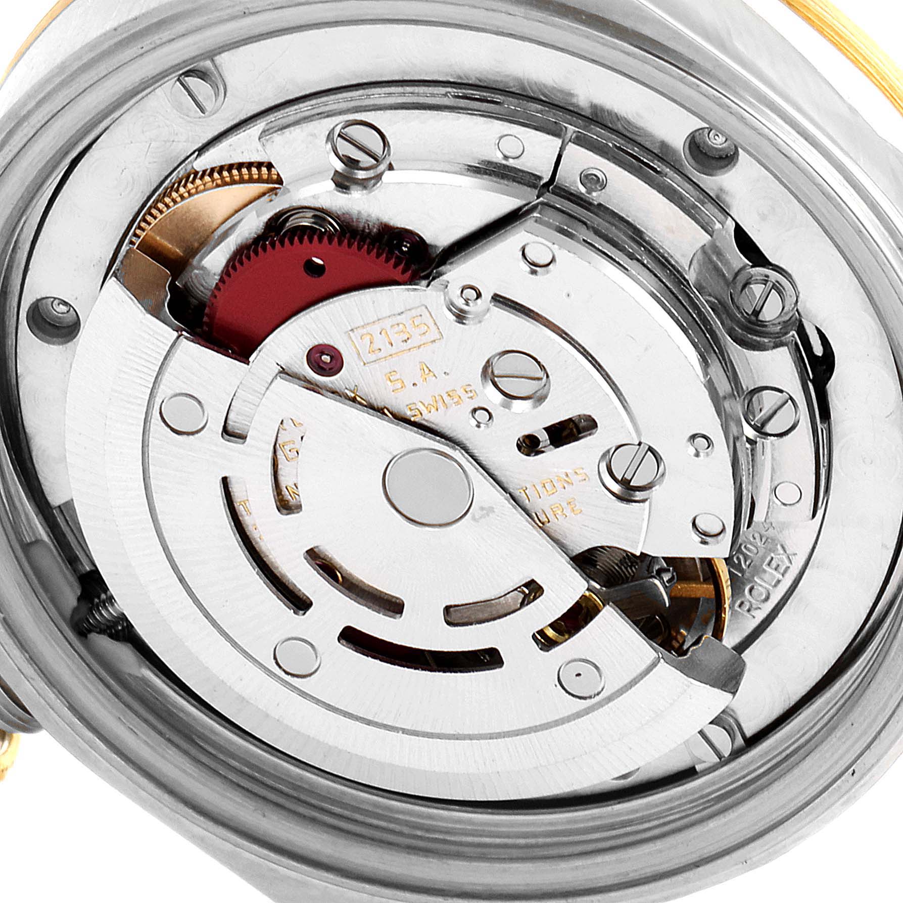 This image shows the internal mechanism of a Rolex Mid-Size 68273 Women's Steel and Gold (two tone) Blue Dial 68273 Women's Steel and Gold (two tone) Blue Dial model watch from a close-up angle.