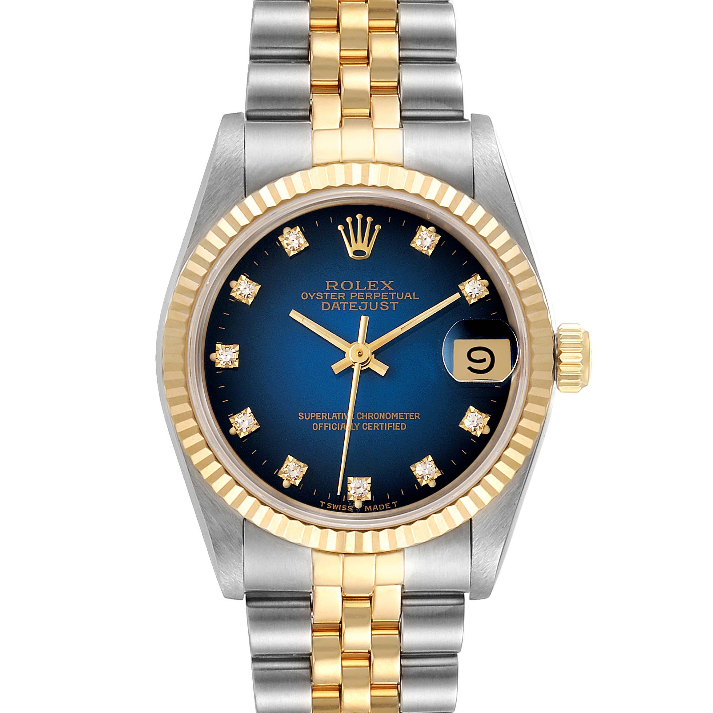 This image shows the face and bracelet of the Rolex Mid-Size 68273 Women's Steel and Gold (two tone) Blue Dial 68273 Women's Steel and Gold (two tone) Blue Dial Datejust watch, featuring a blue dial and two-tone metal design.