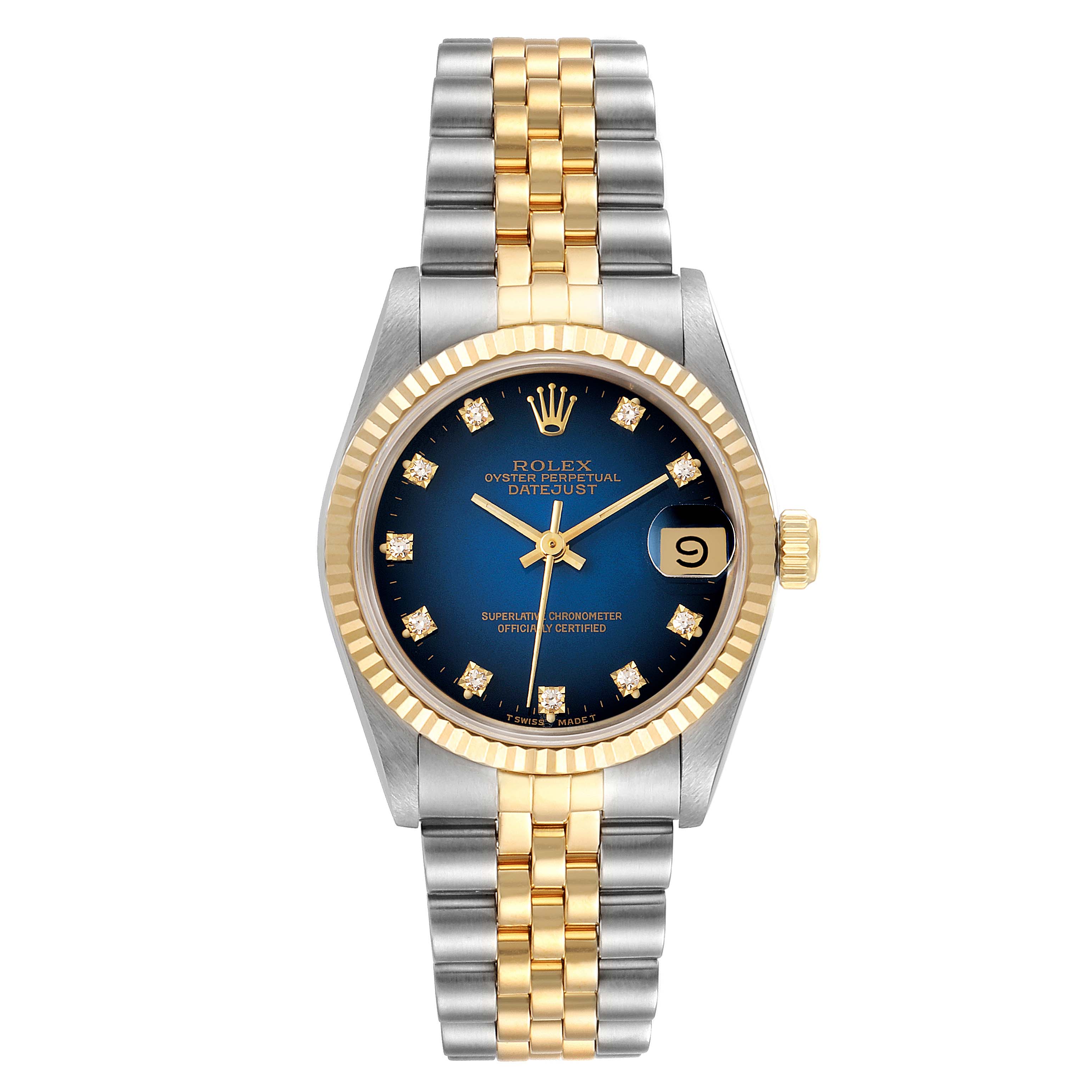 This image shows a front view of a Rolex Oyster Perpetual Datejust Mid-Size watch, highlighting its blue dial, date window, and two-tone bracelet.