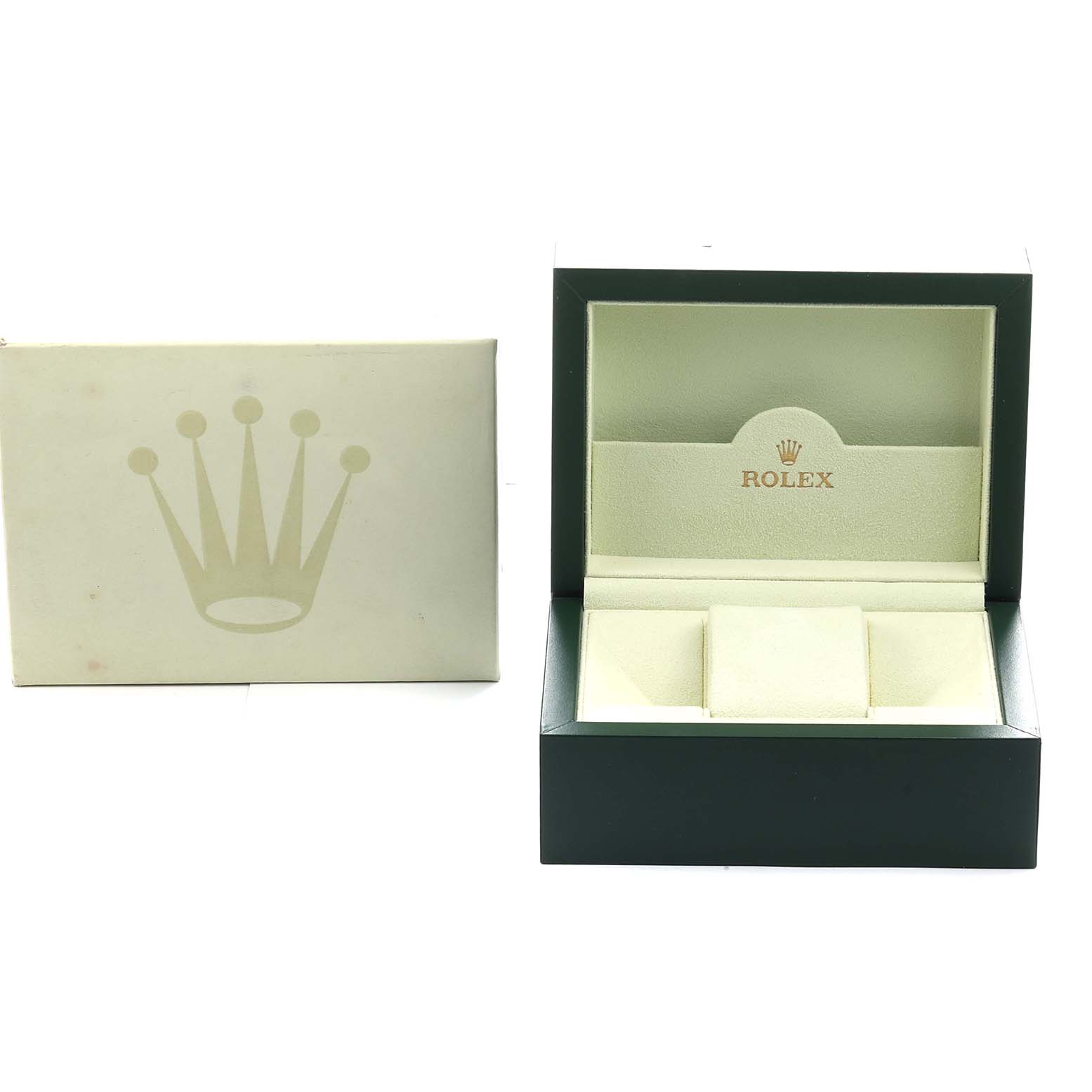 The image shows an open Rolex Datejust 178274 Women's Stainless Steel Silver Dial watch box with the brand logo and cushion from a front angle.