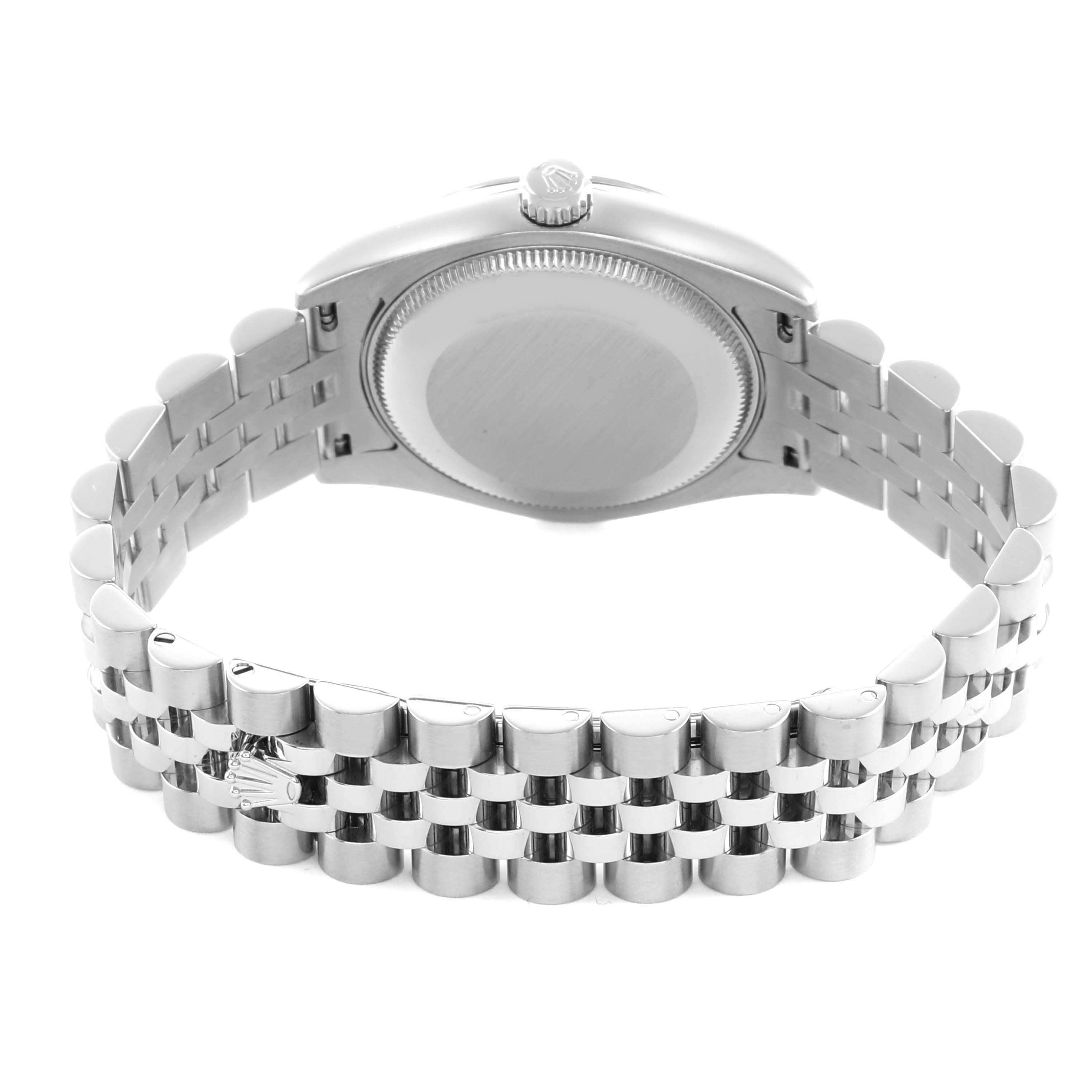 The Rolex Datejust 178274 Women's Stainless Steel Silver Dial watch is shown from the back, highlighting the case back and Jubilee bracelet.