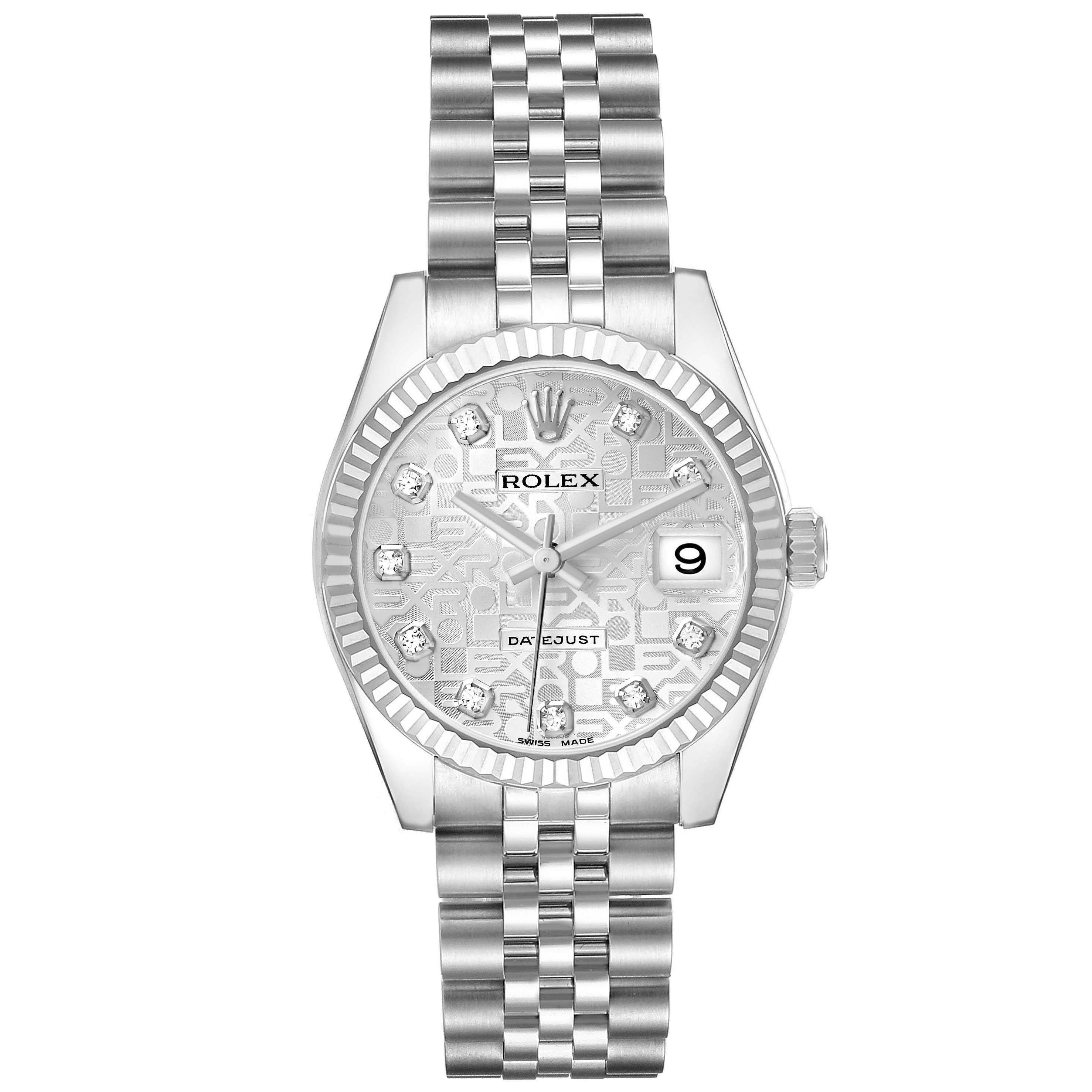 The Rolex Datejust 178274 Women's Stainless Steel Silver Dial watch is shown from a front angle, displaying the face, bezel, bracelet, and date window.