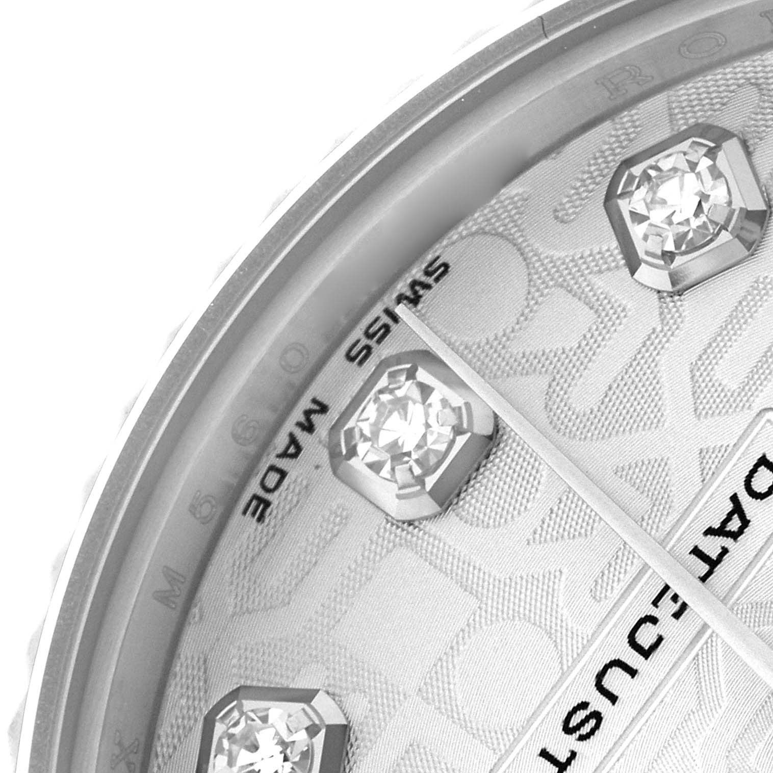 The image shows a close-up of the Rolex Datejust 178274 Women's Stainless Steel Silver Dial watch face, highlighting the diamond hour markers and partial text.