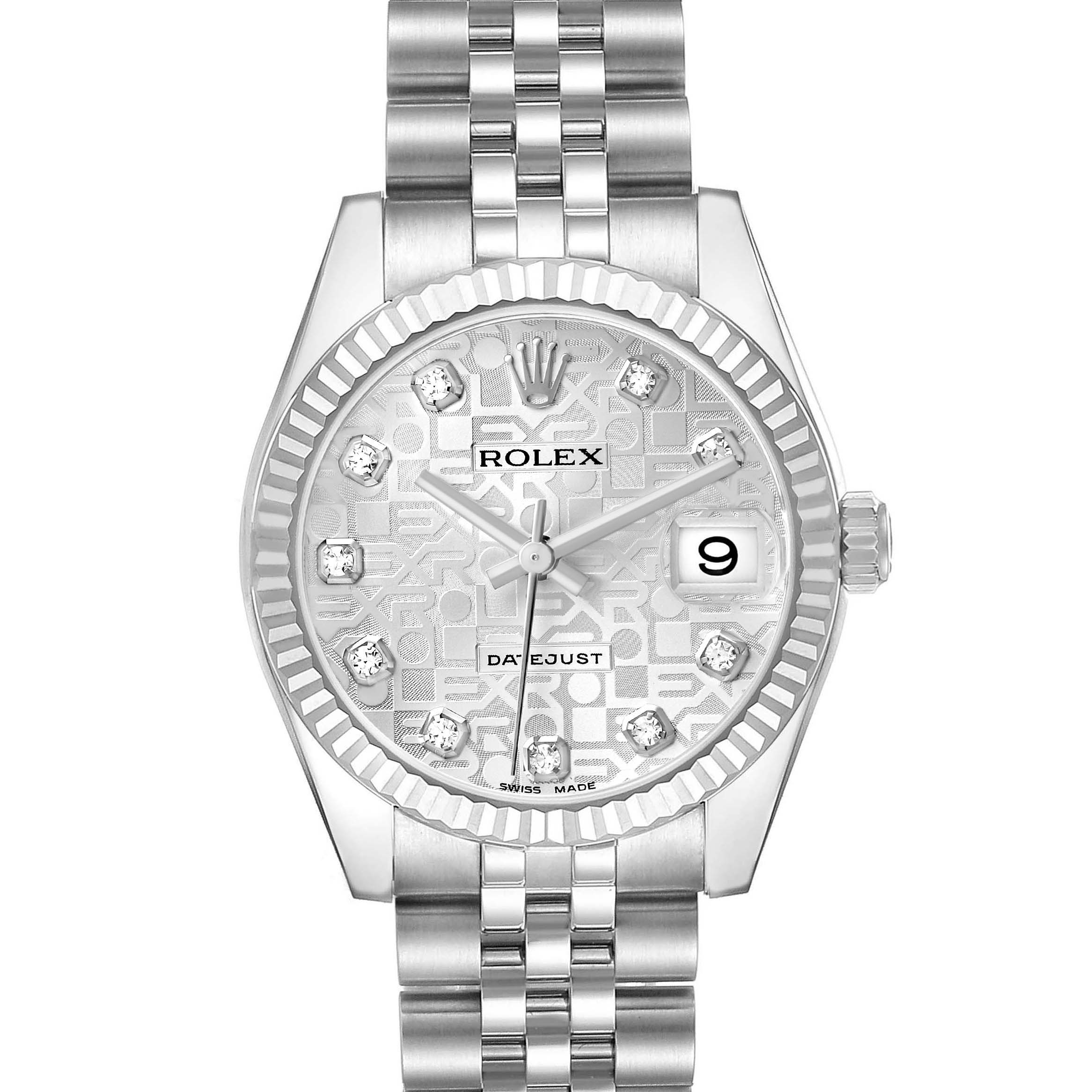 The Rolex Datejust 178274 Women's Stainless Steel Silver Dial watch is shown from a front view, highlighting the face, bezel, dial, date window, and bracelet.