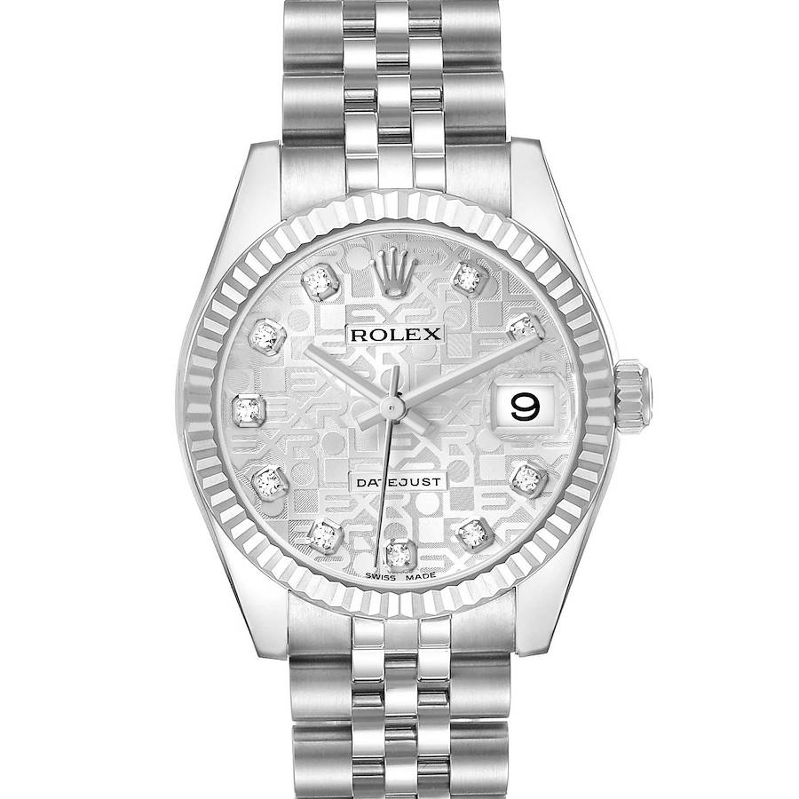 The Rolex Datejust 178274 Women's Stainless Steel Silver Dial watch is shown from a front view, highlighting the face, bezel, dial, date window, and bracelet.