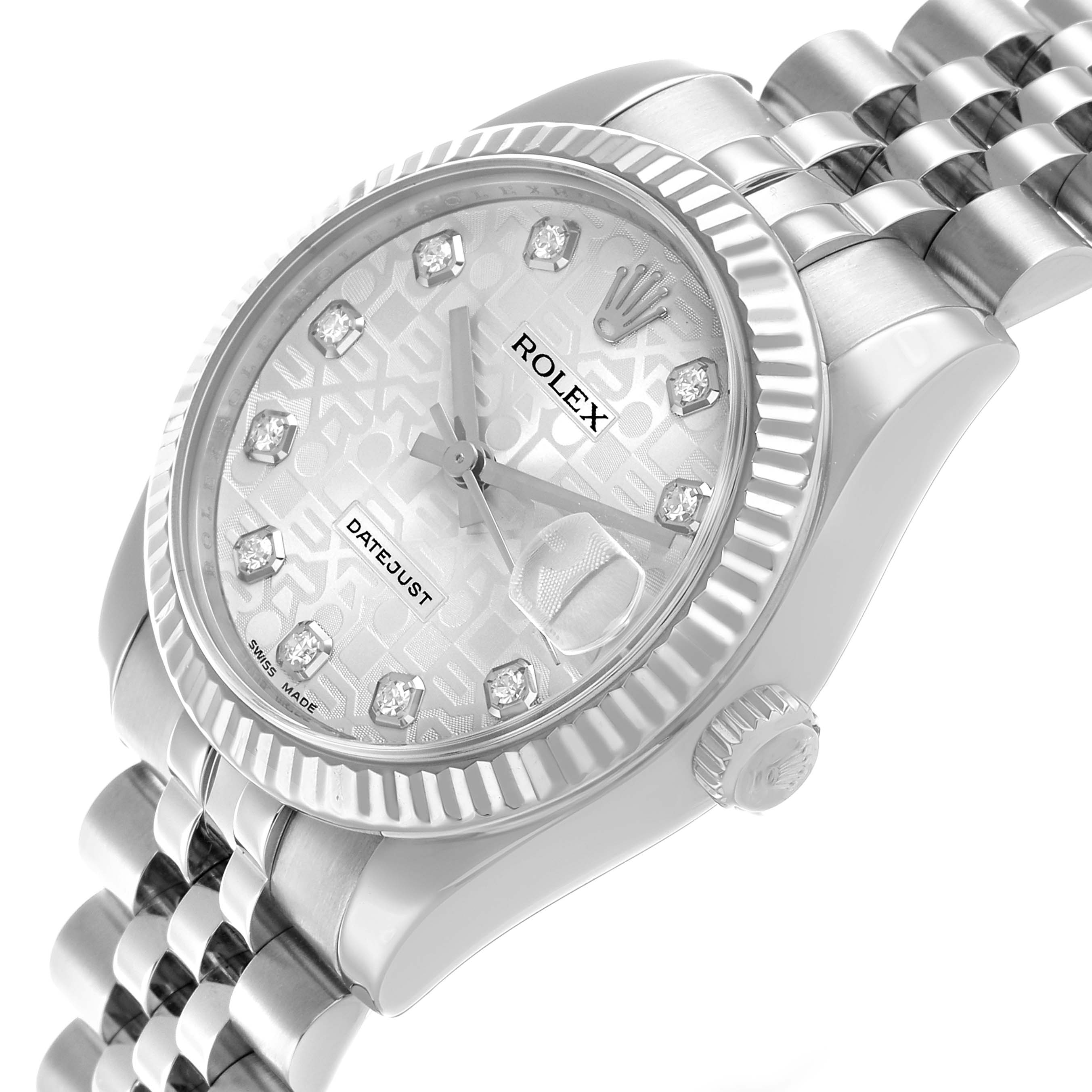 The Rolex Datejust 178274 Women's Stainless Steel Silver Dial watch is shown at an angled view, highlighting the dial, bezel, crown, and part of the bracelet.