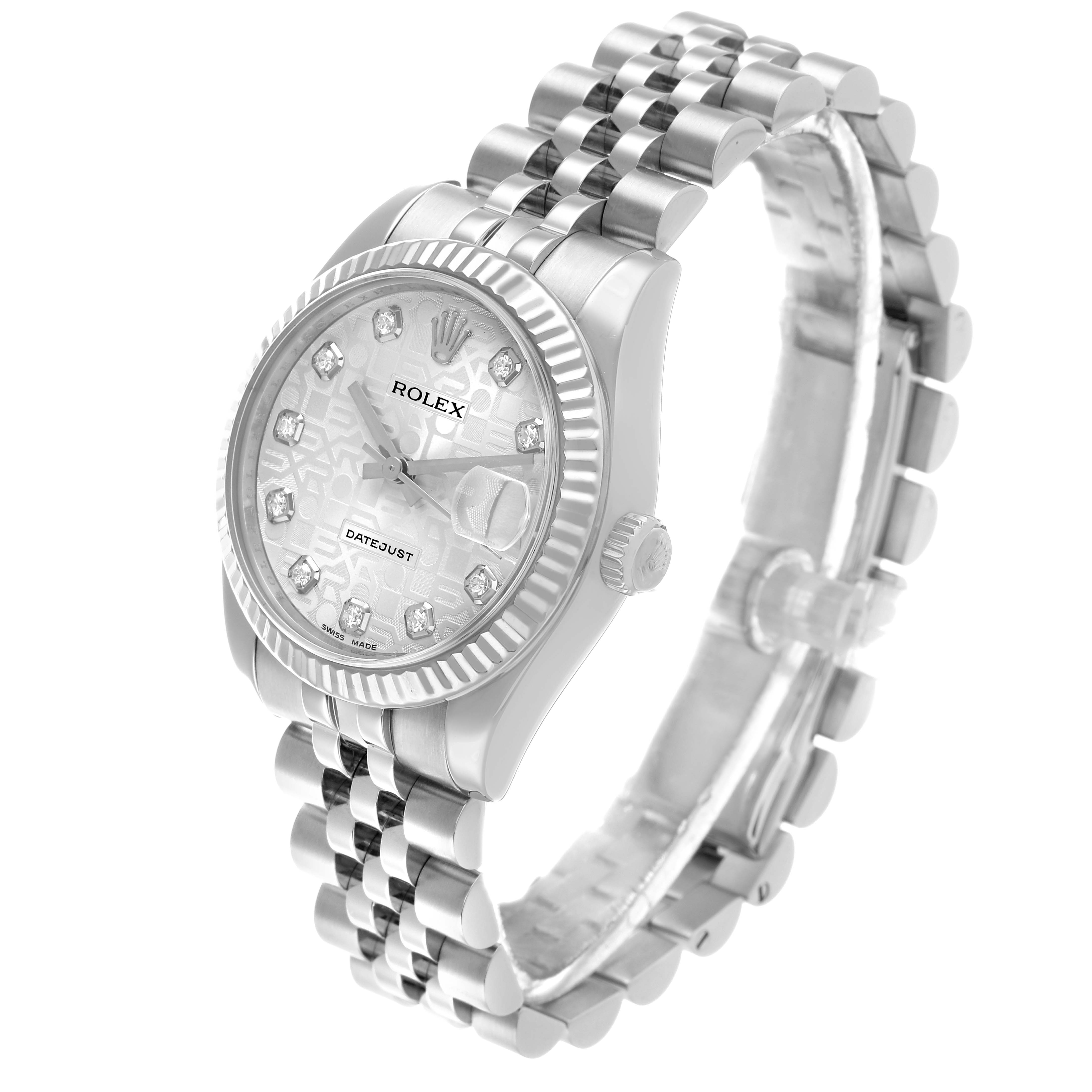 The Rolex Datejust 178274 Women's Stainless Steel Silver Dial is shown at a three-quarter angle, highlighting the face, bezel, crown, and Jubilee bracelet.