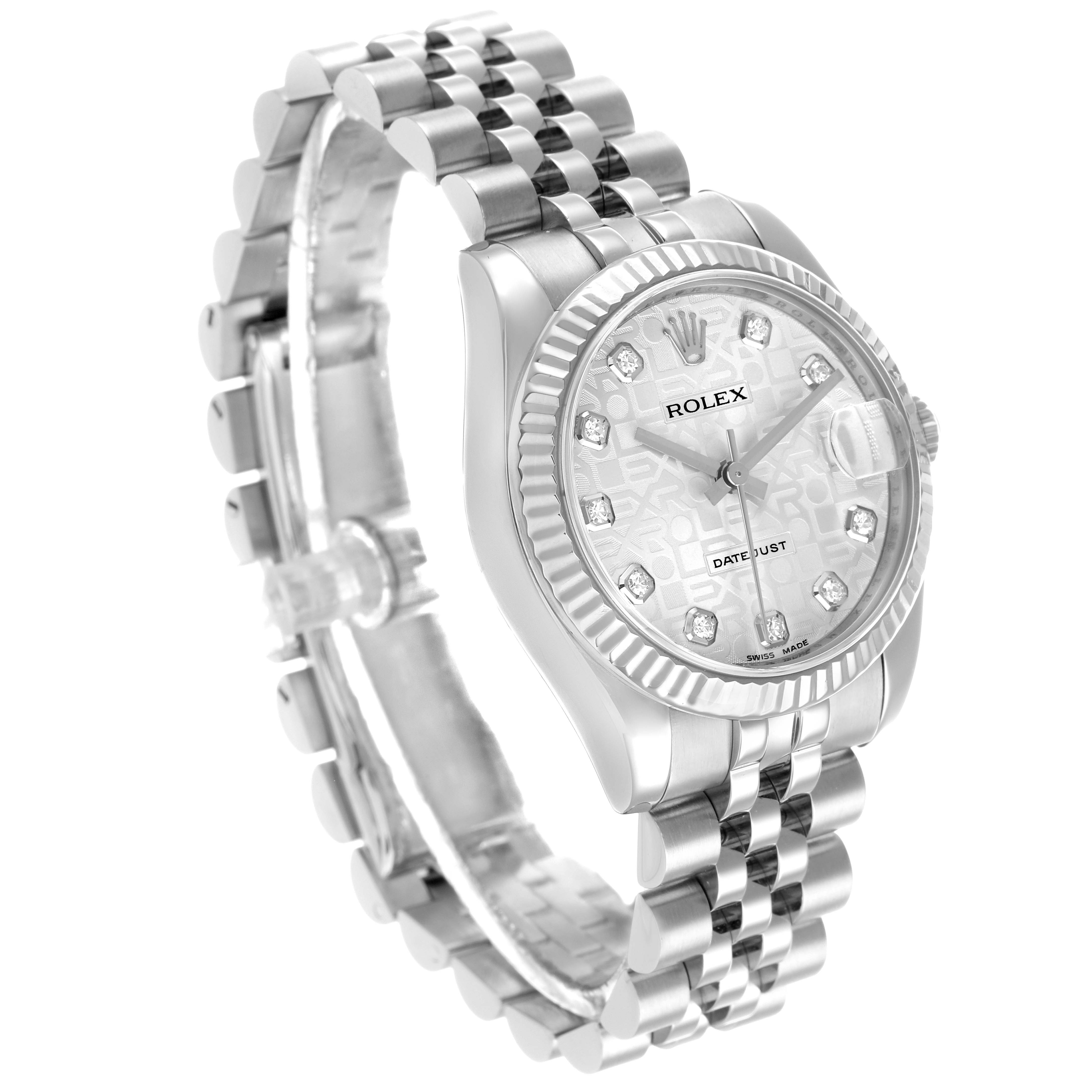 The Rolex Datejust 178274 Women's Stainless Steel Silver Dial watch is shown at a three-quarter angle, highlighting the face, bezel, and jubilee bracelet.