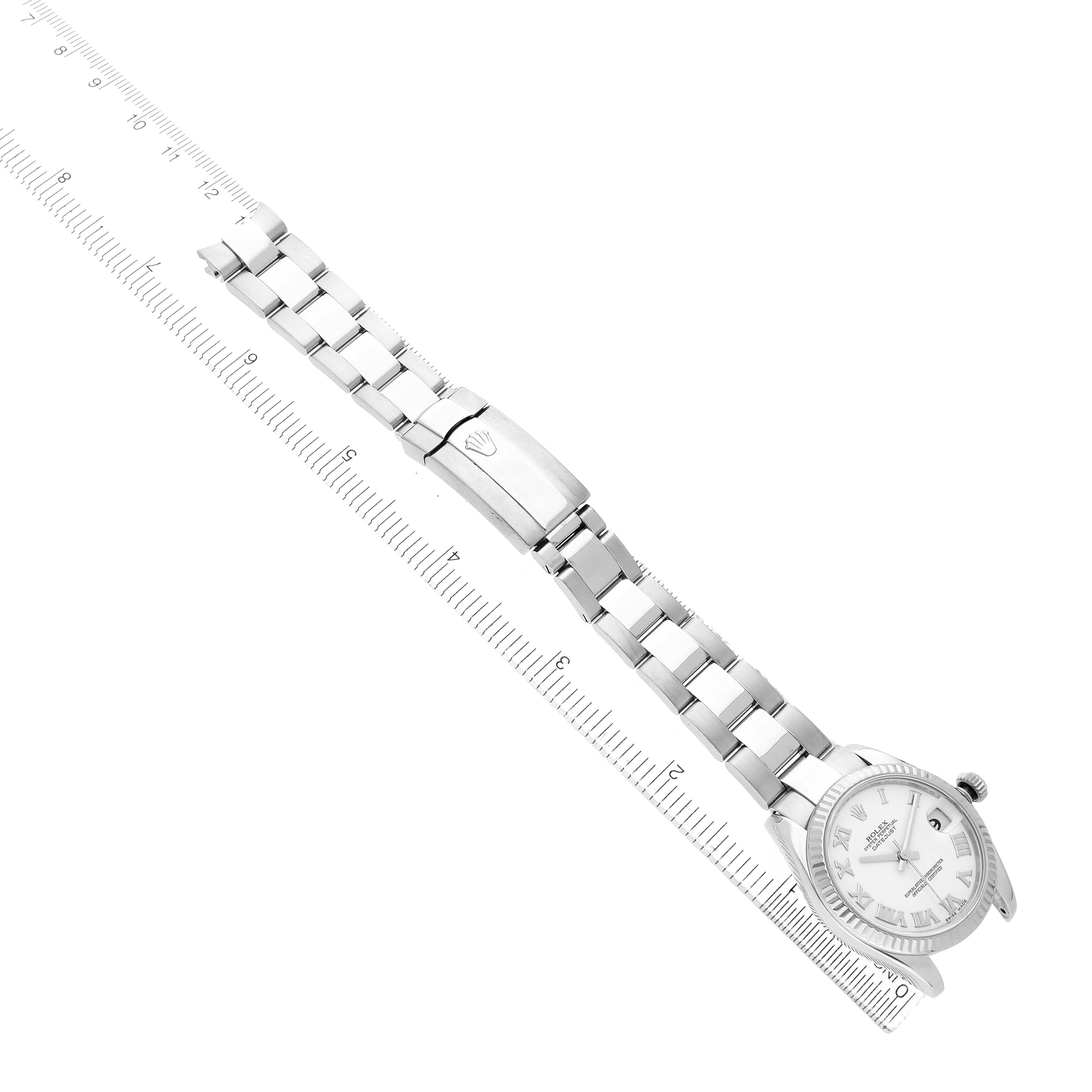 The Rolex Datejust 178274 Women's Stainless Steel White Dial watch is shown from a top-down angle, featuring the bracelet, clasp, and dial.