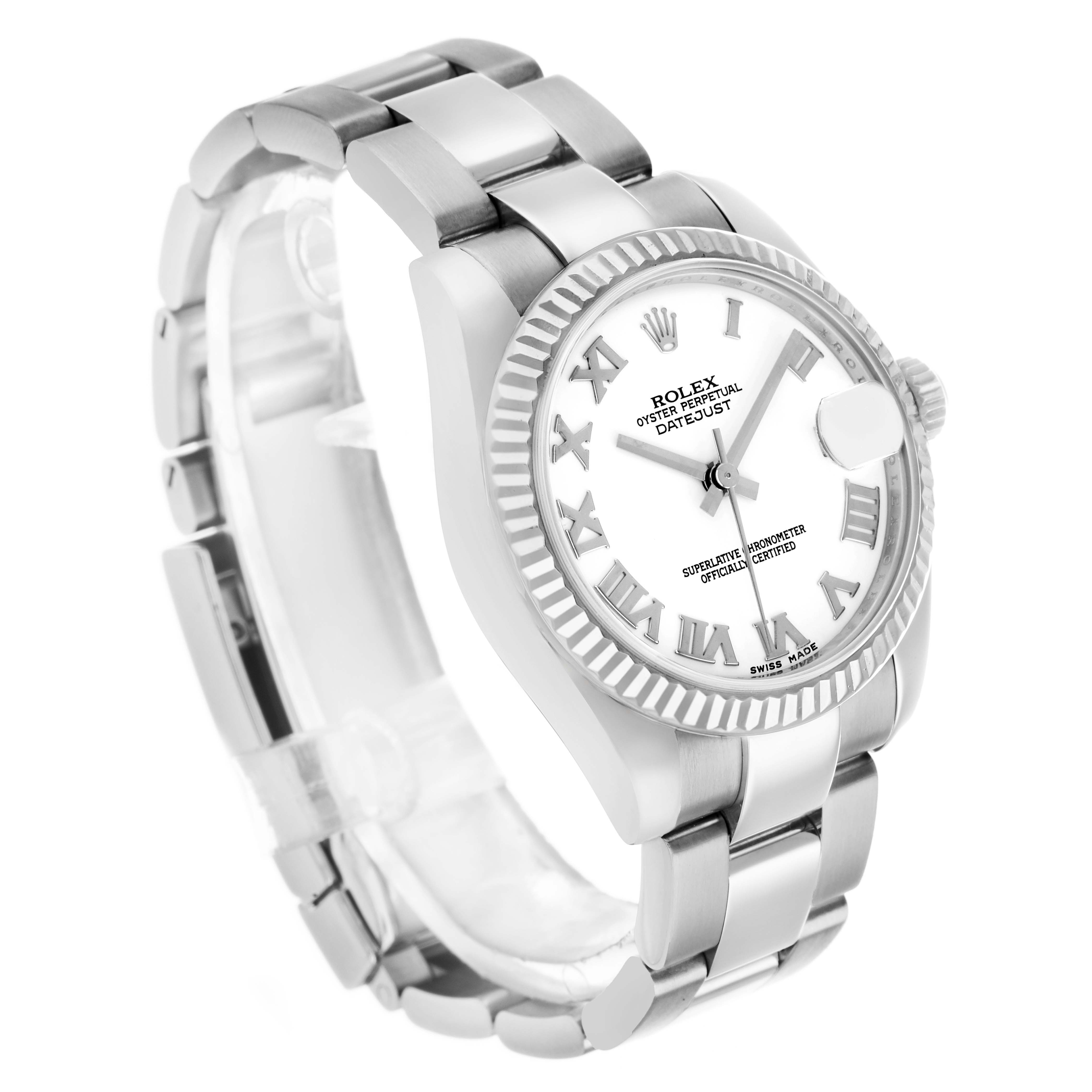 The Rolex Datejust 178274 Women's Stainless Steel White Dial watch is shown at a three-quarter angle, displaying the dial, bezel, crown, and part of the bracelet.