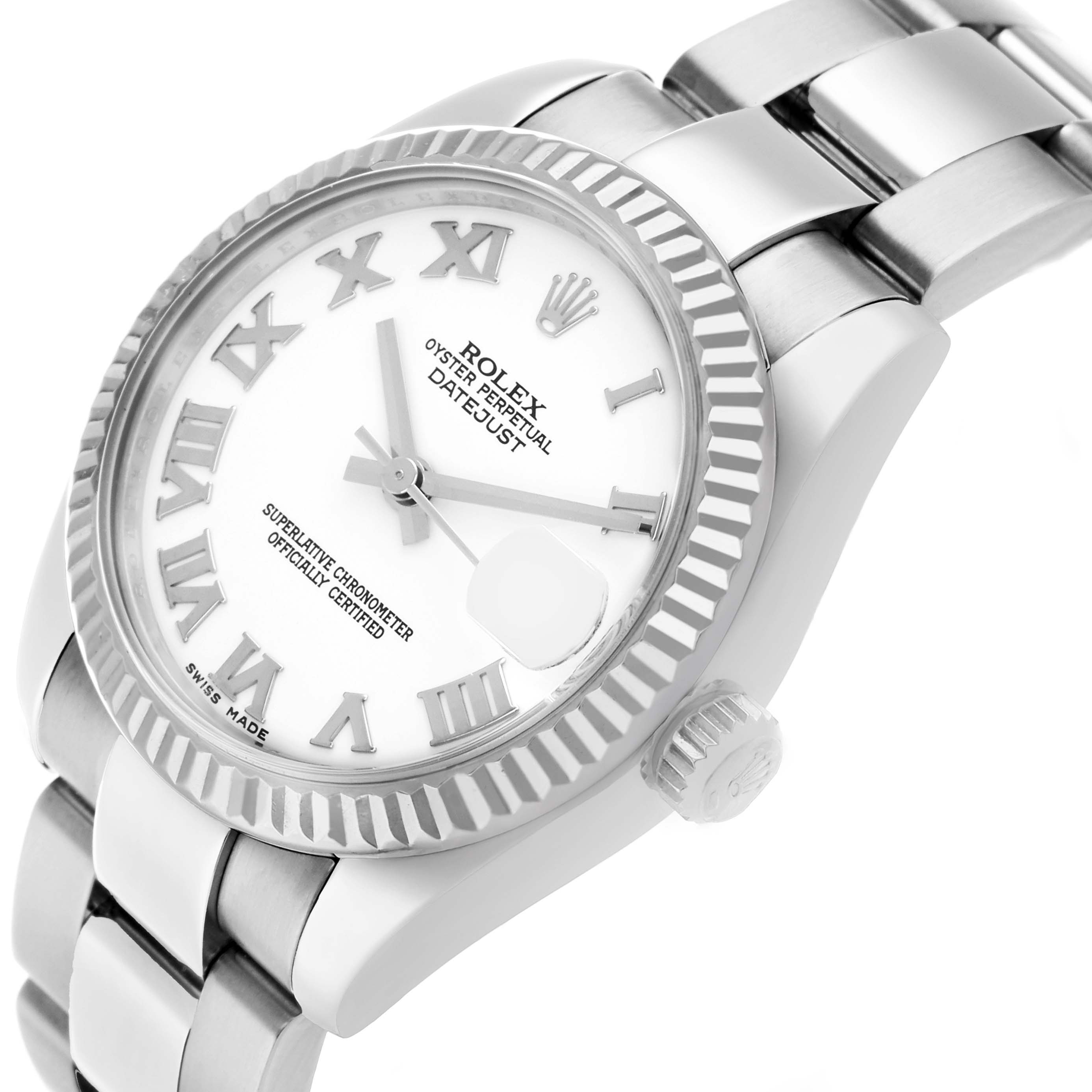 The Rolex Datejust 178274 Women's Stainless Steel White Dial watch is shown at an angled view, highlighting the bezel, dial, bracelet, and crown.