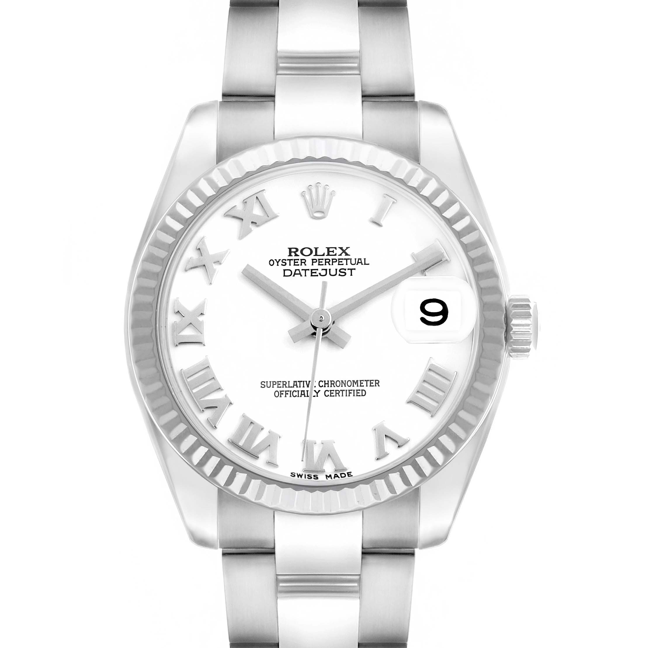 The Rolex Datejust 178274 Women's Stainless Steel White Dial watch is shown from the front, displaying the dial, bracelet, bezel, and crown.