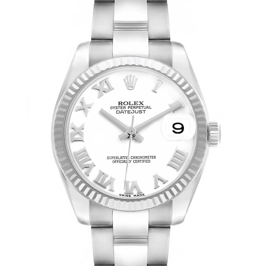 The Rolex Datejust 178274 Women's Stainless Steel White Dial watch is shown from the front, displaying the dial, bracelet, bezel, and crown.