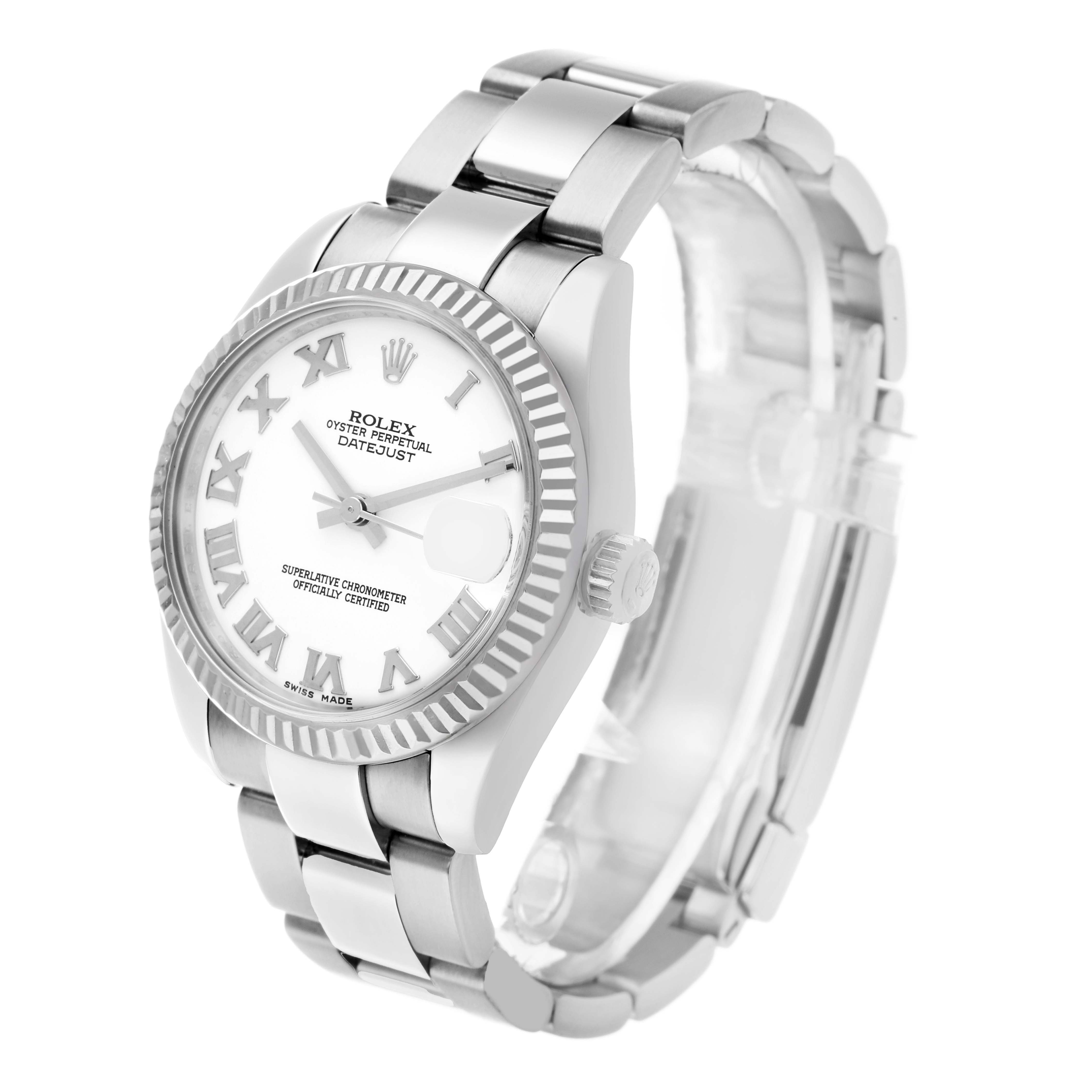 The Rolex Datejust 178274 Women's Stainless Steel White Dial watch is shown at a three-quarter angle, highlighting the face, bezel, crown, and bracelet.