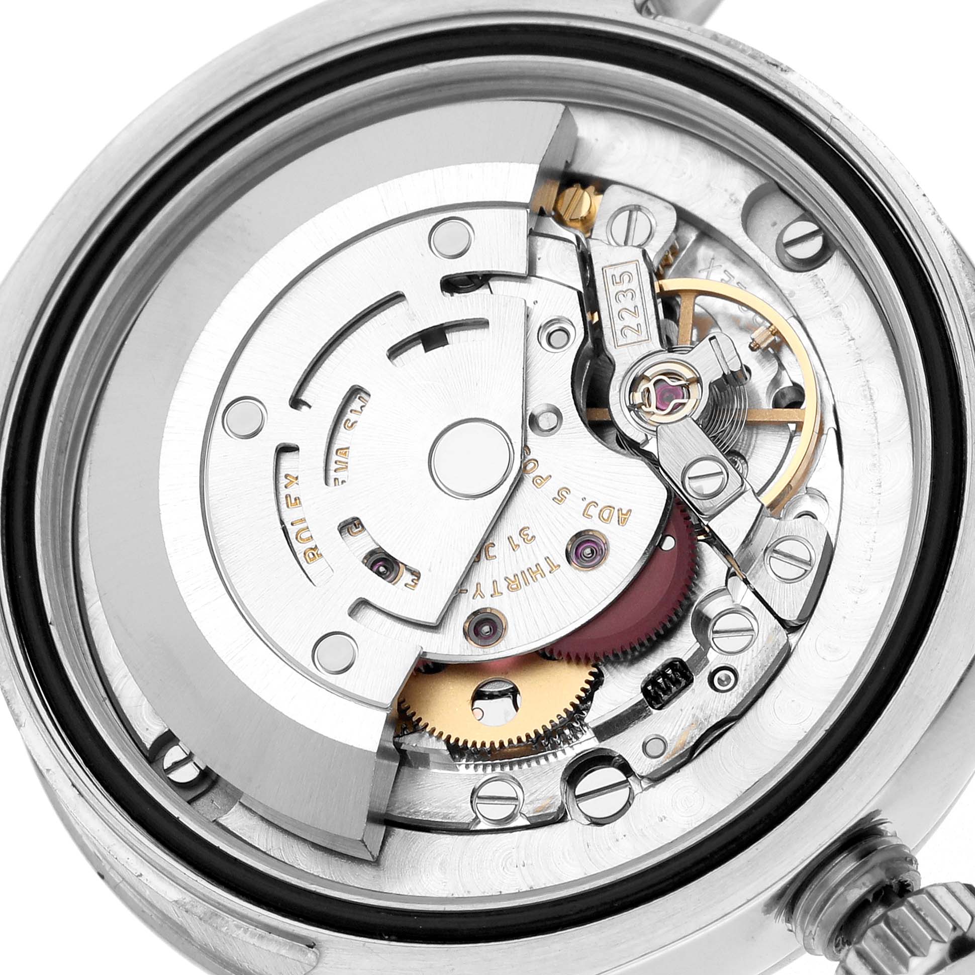The image shows the internal movement mechanism of a Rolex Datejust 178274 Women's Stainless Steel White Dial watch from a top-down angle.
