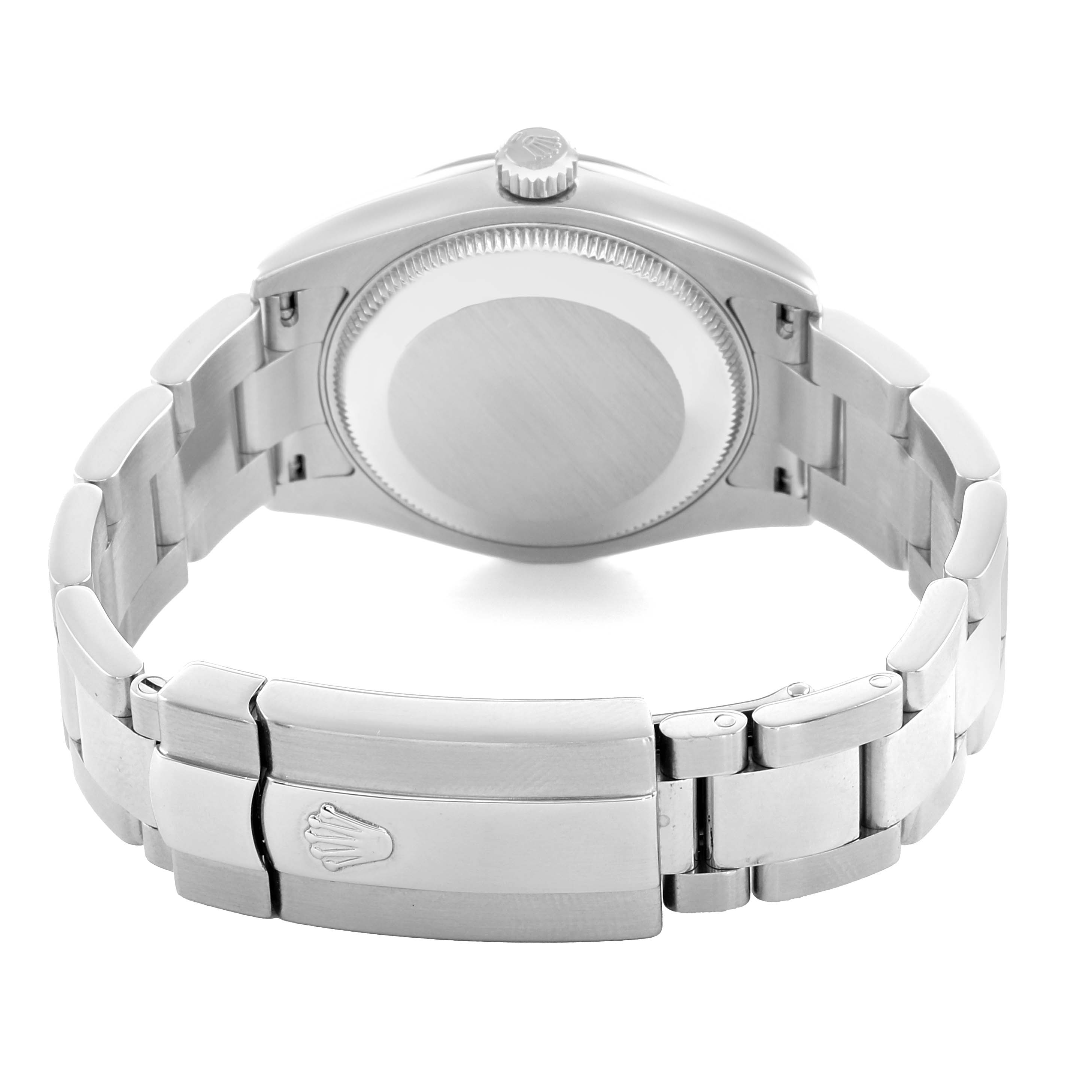 The image shows the back of the Rolex Datejust 178274 Women's Stainless Steel White Dial, highlighting the case back and clasp of the bracelet.