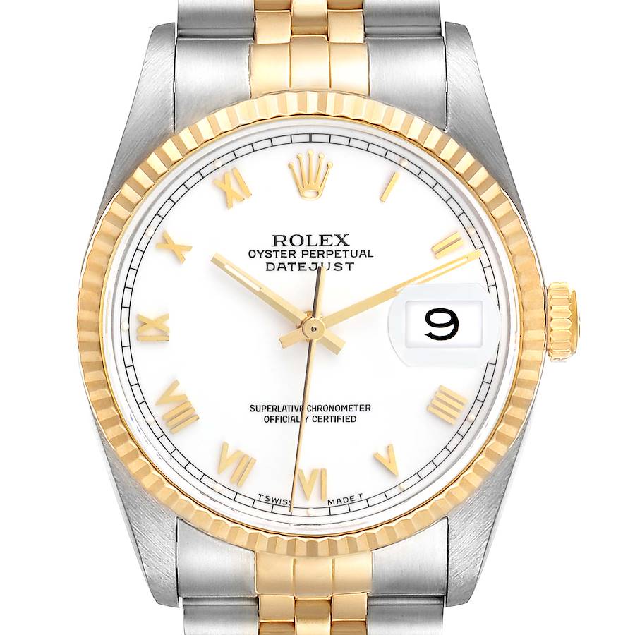 The image shows a frontal view of a Rolex Datejust watch, highlighting the dial, bezel, crown, case, and part of the bracelet.