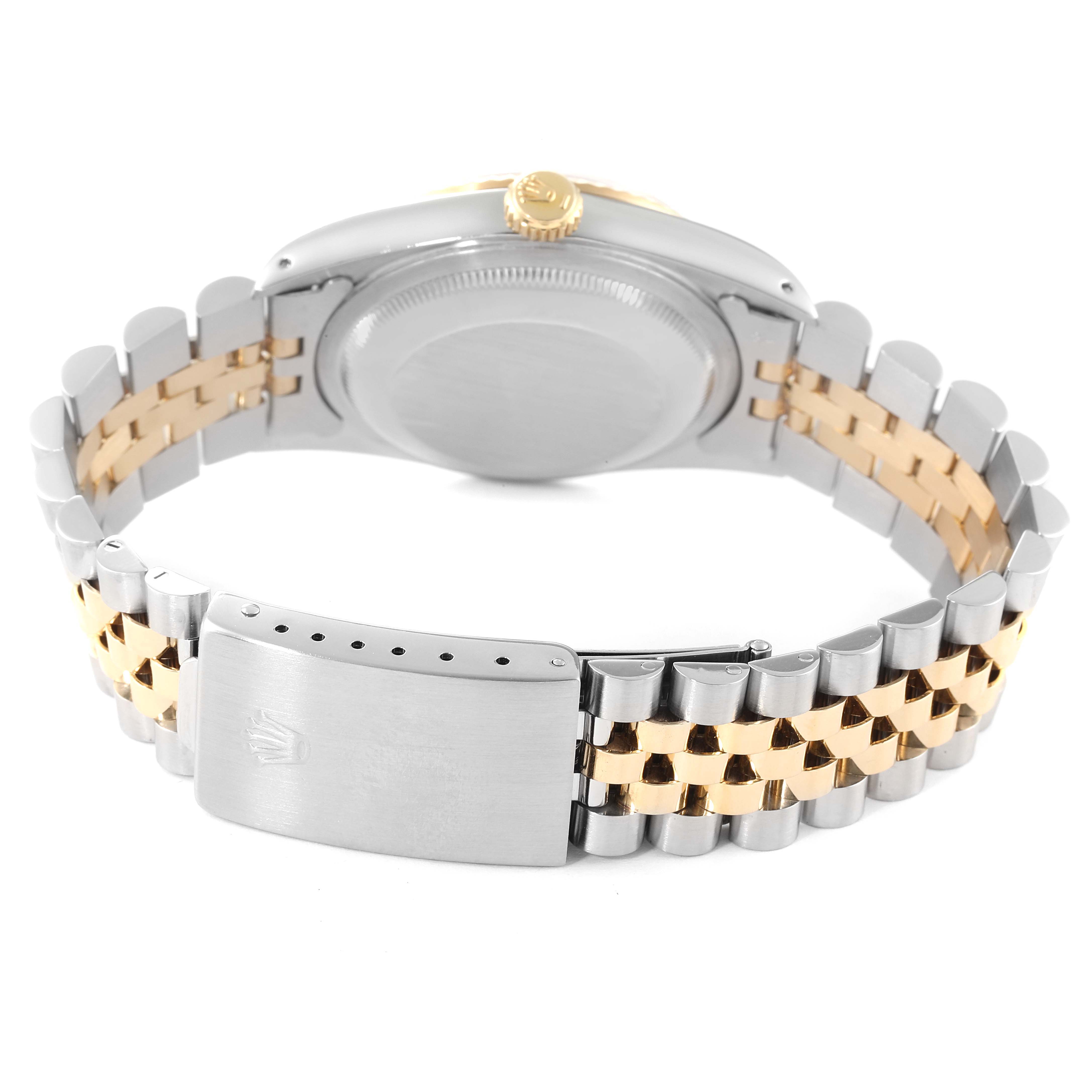 The image shows the back view of a Rolex Datejust 16233 Men's Steel and Gold (two tone) White Dial 16233 Men's Steel and Gold (two tone) White Dial watch, highlighting its case, crown, and Jubilee bracelet clasp.