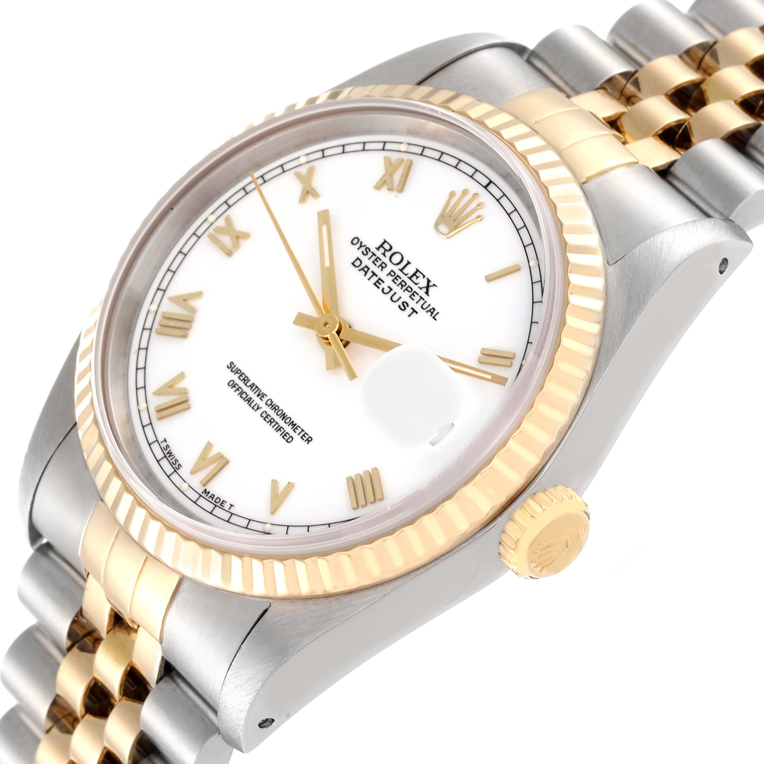 The image shows a close-up, angled view of the Rolex Datejust 16233 Men's Steel and Gold (two tone) White Dial 16233 Men's Steel and Gold (two tone) White Dial watch, highlighting its face, crown, and part of the bracelet.