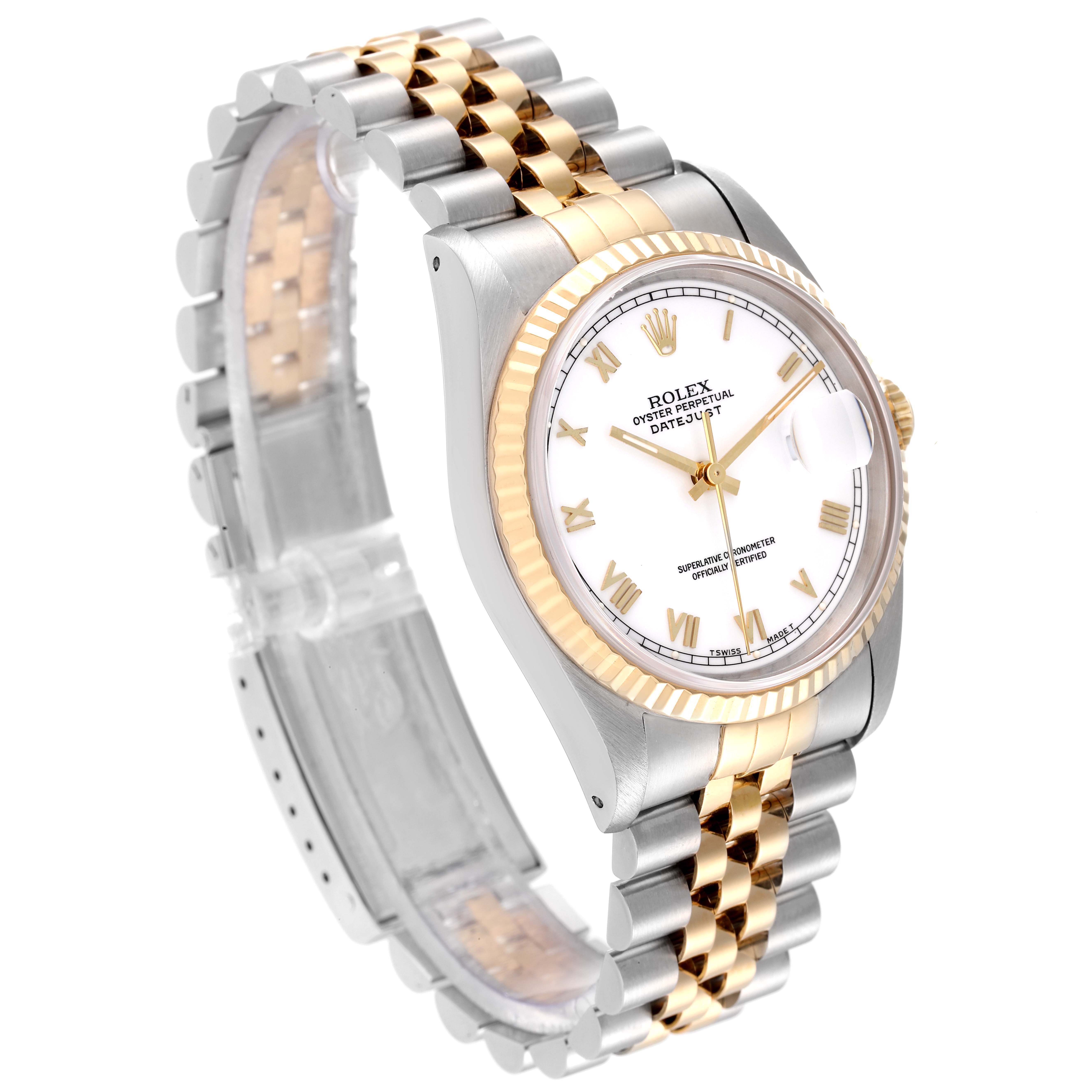 The image shows a Rolex Datejust 16233 Men's Steel and Gold (two tone) White Dial 16233 Men's Steel and Gold (two tone) White Dial watch at a three-quarter angle, highlighting the two-tone bracelet and fluted bezel.