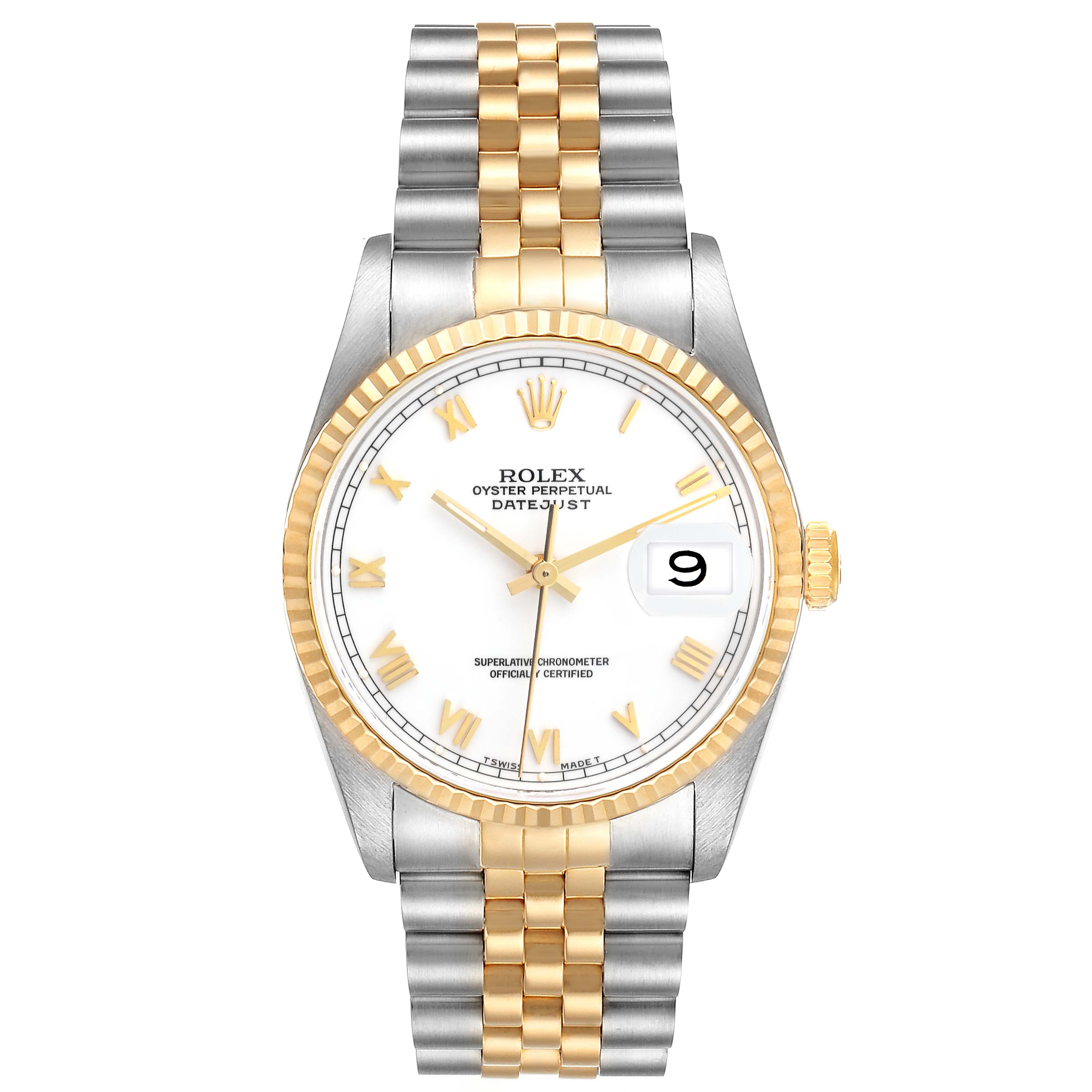 This is a front view of the Rolex Datejust 16233 Men's Steel and Gold (two tone) White Dial 16233 Men's Steel and Gold (two tone) White Dial watch, showcasing its two-tone bracelet, white dial, and fluted gold bezel.