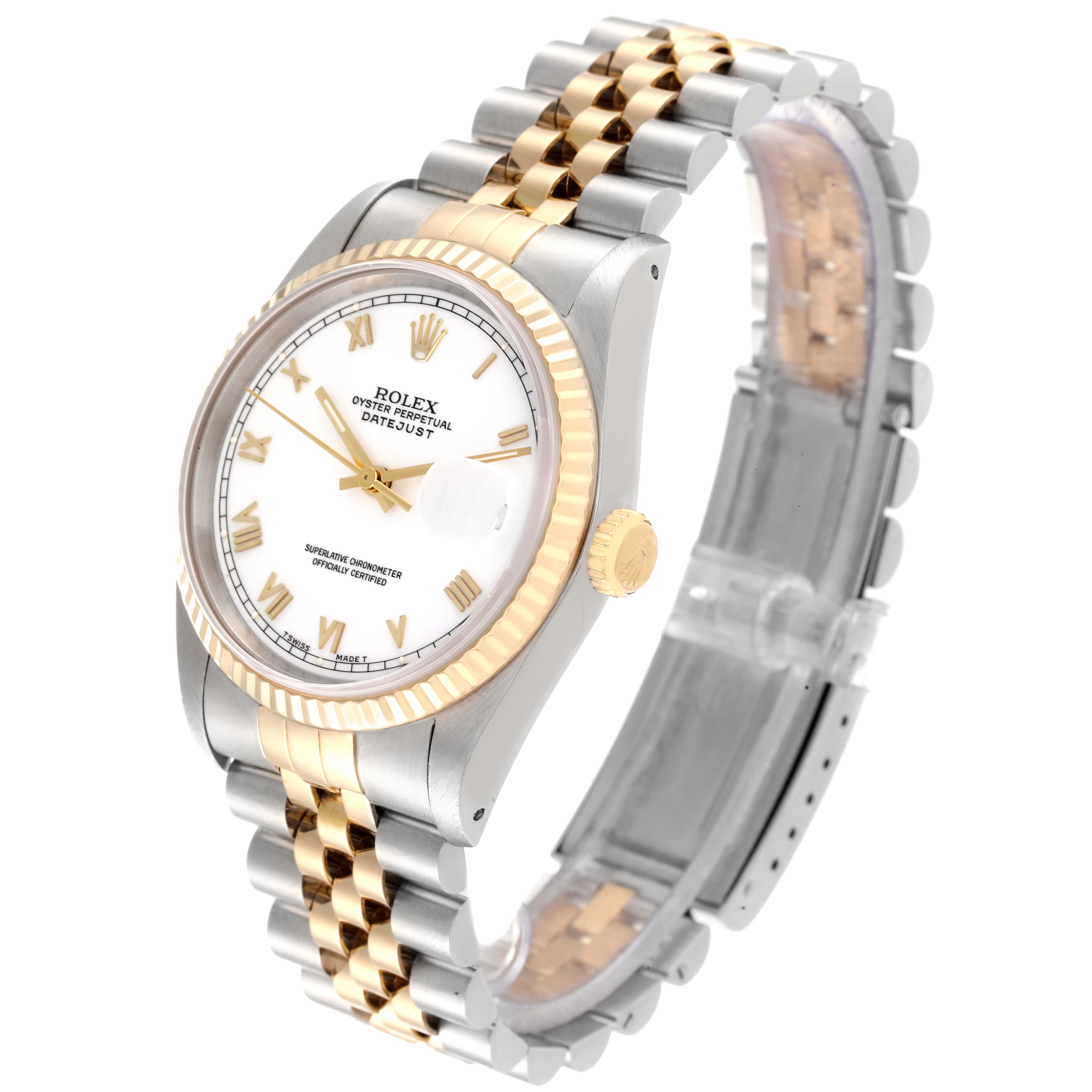 The Rolex Datejust 16233 Men's Steel and Gold (two tone) White Dial 16233 Men's Steel and Gold (two tone) White Dial model watch is shown at a three-quarters angle, displaying the entire watch face, crown, and bracelet.