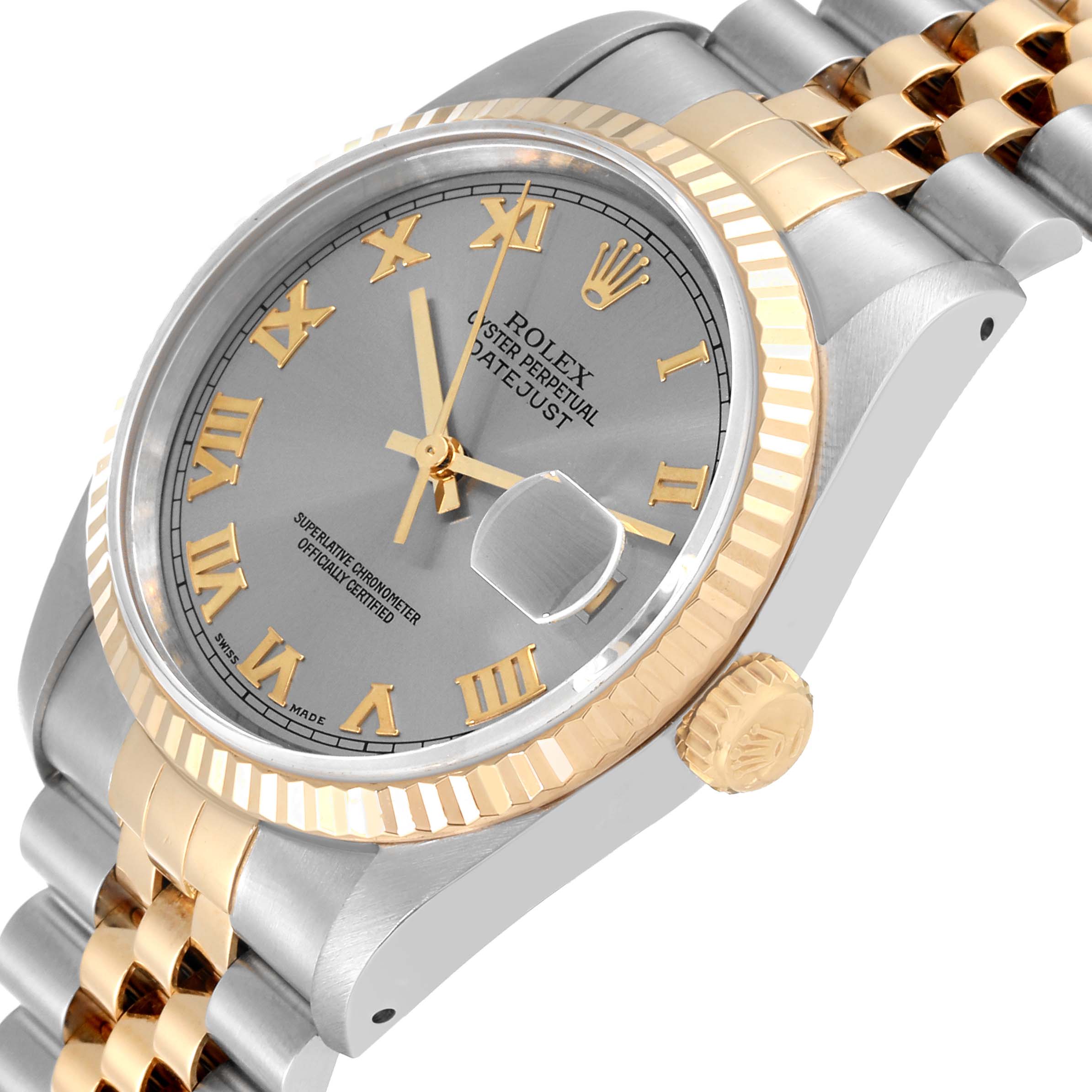 This image shows a Datejust model Rolex watch at an angled view, highlighting the dial, bezel, crown, and bracelet.