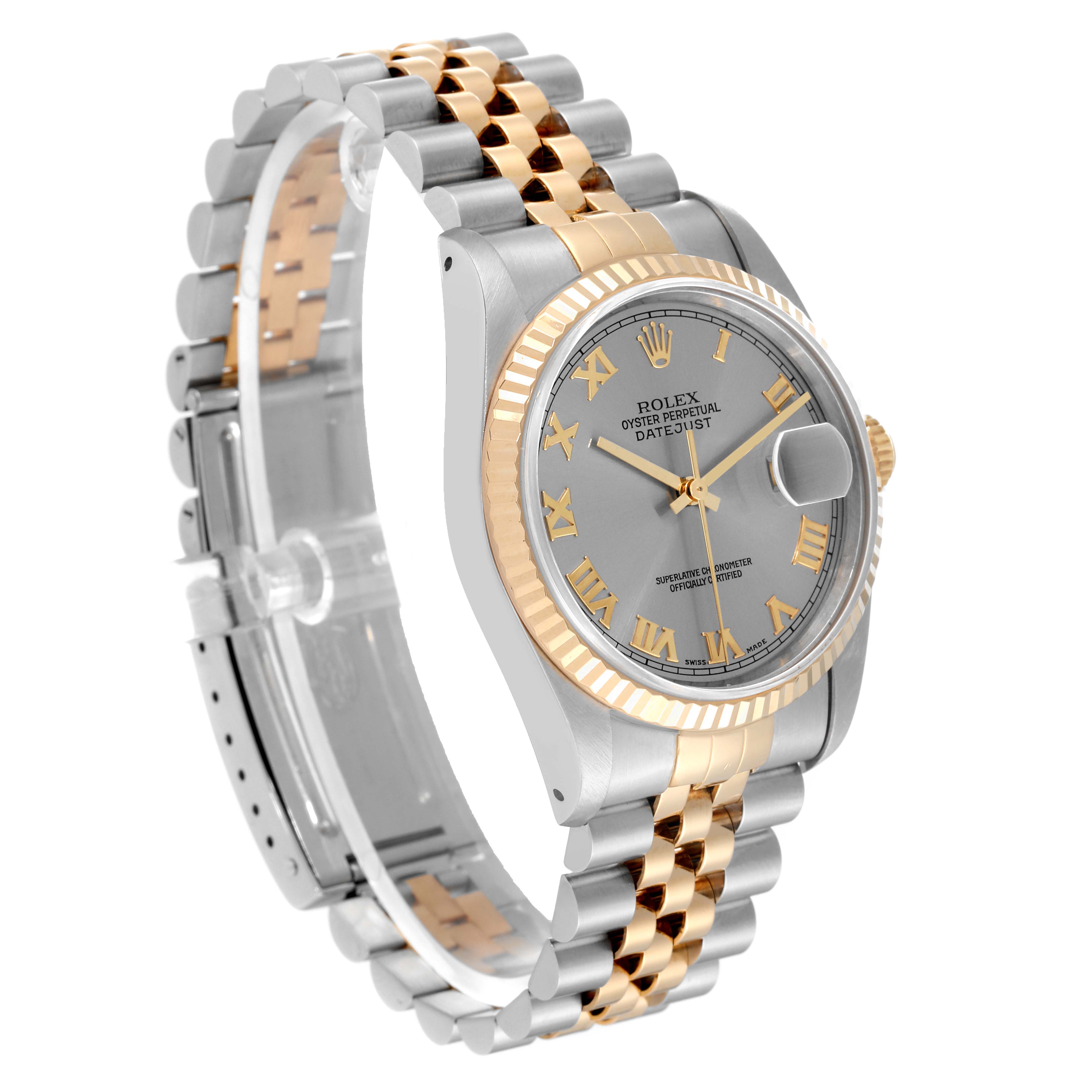 The Rolex Datejust 16233 Men's Steel and Gold (two tone) Silver Dial 16233 Men's Steel and Gold (two tone) Silver Dial watch is shown at an oblique angle highlighting its two-tone bracelet, fluted bezel, and grey dial with gold Roman numerals.