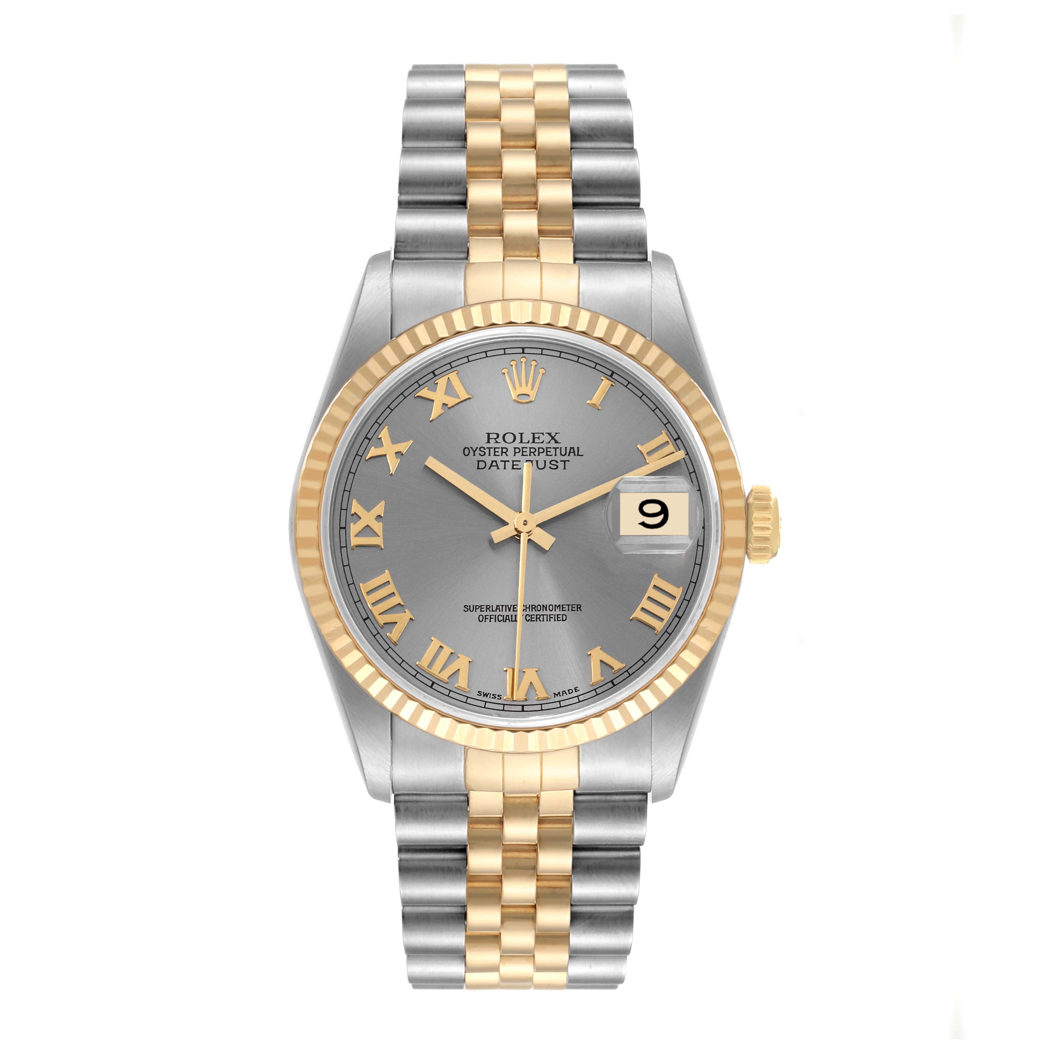 This image shows a front view of a Rolex Datejust 16233 Men's Steel and Gold (two tone) Silver Dial 16233 Men's Steel and Gold (two tone) Silver Dial watch with a two-tone bracelet, fluted bezel, and grey dial.
