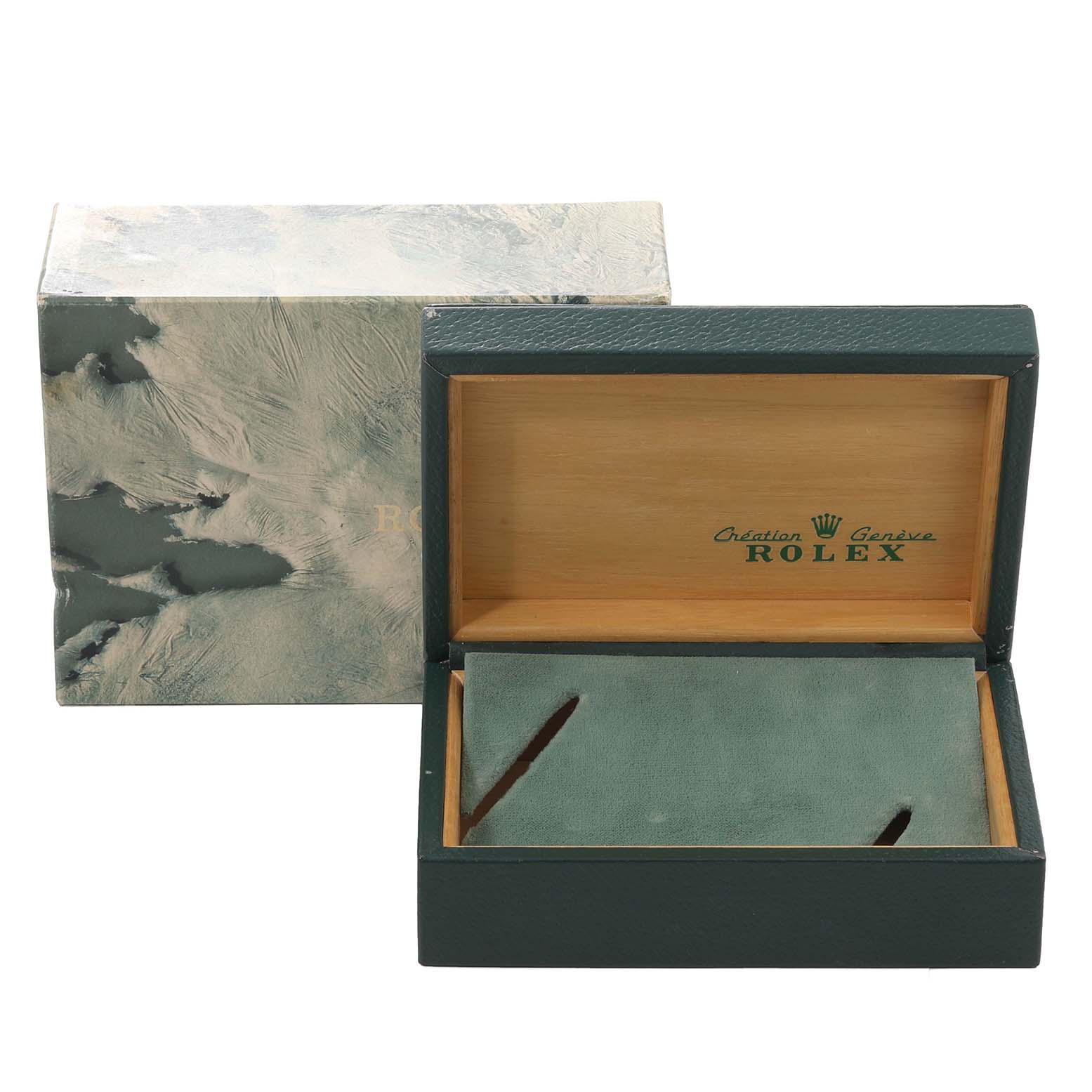 This image shows an open green Rolex watch box designed for the Datejust model, with its original outer packaging visible.