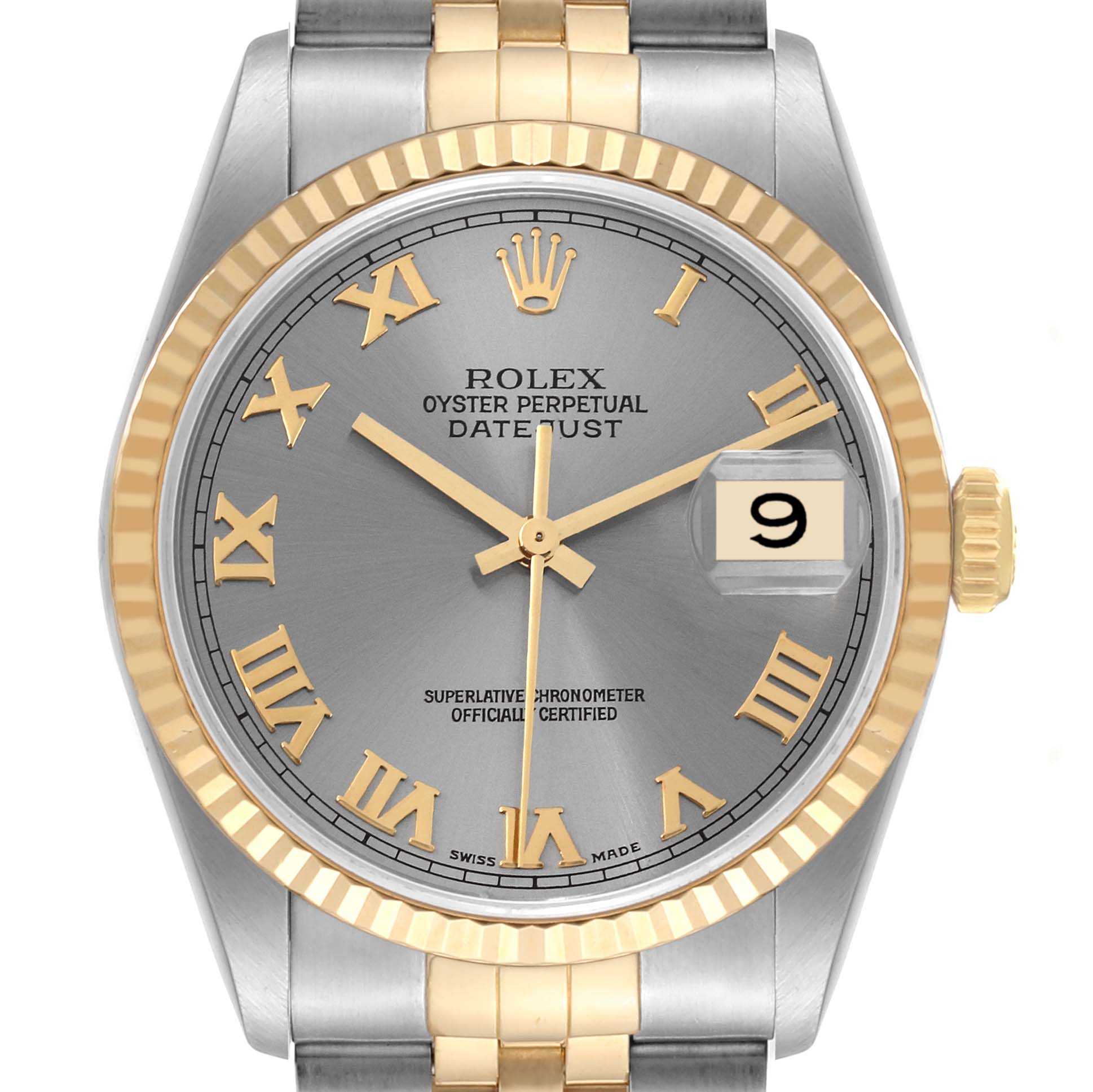 The image shows a front view of a Rolex Datejust 16233 Men's Steel and Gold (two tone) Silver Dial 16233 Men's Steel and Gold (two tone) Silver Dial watch, highlighting its dial, bezel, hands, and bracelet.