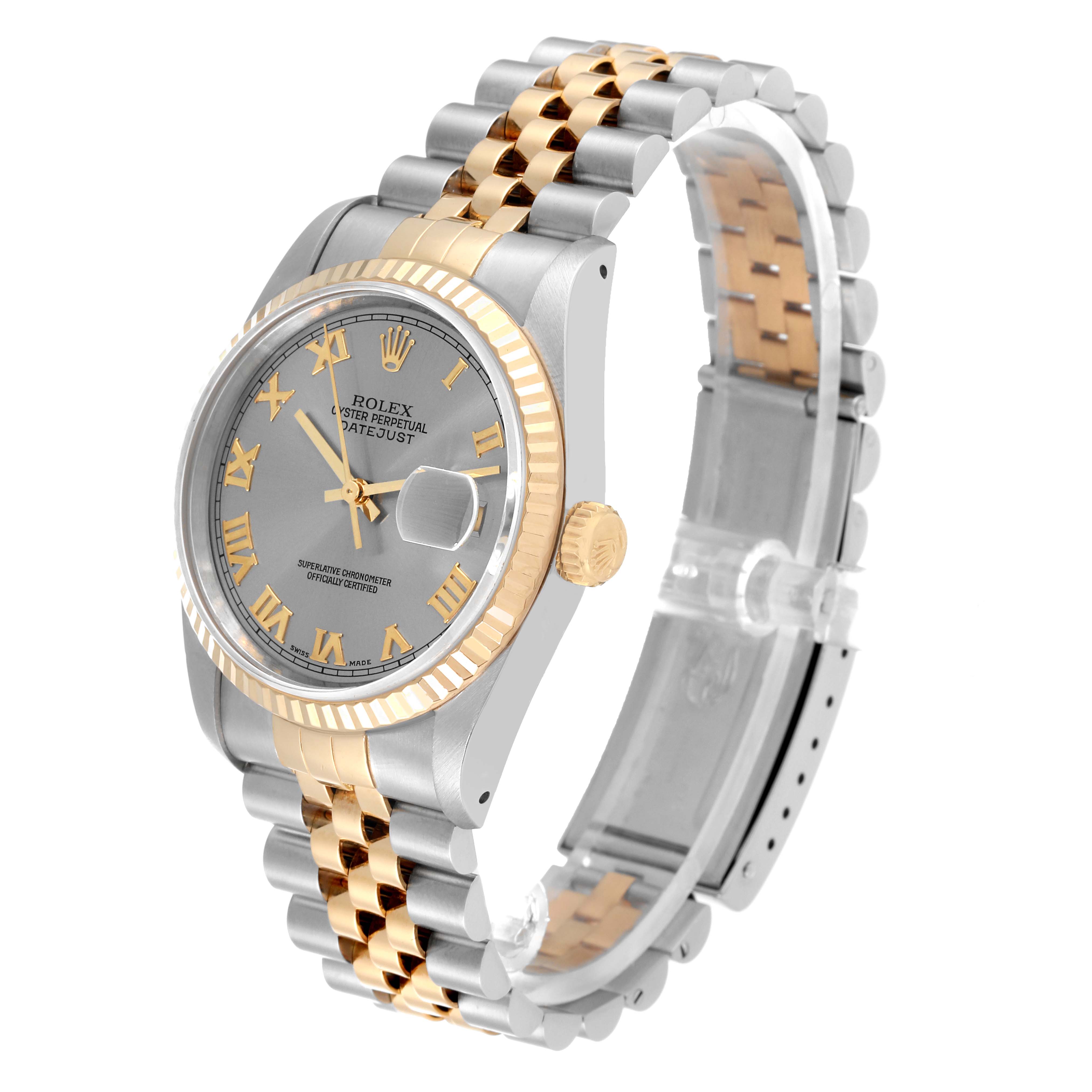 The image shows a Rolex Datejust 16233 Men's Steel and Gold (two tone) Silver Dial 16233 Men's Steel and Gold (two tone) Silver Dial watch at a three-quarter angle, highlighting the dial, bezel, crown, and bracelet.