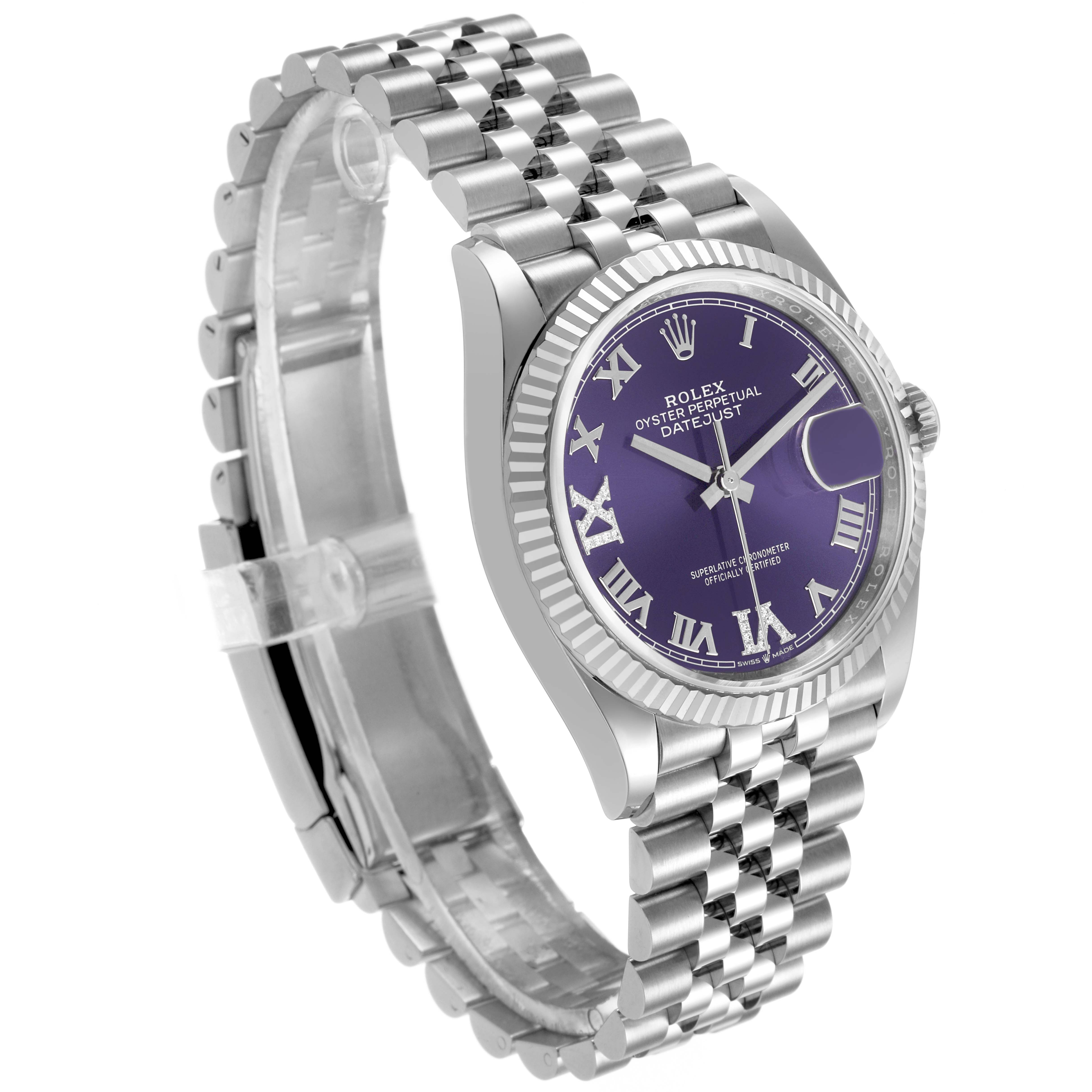 The Rolex Datejust 126234 Men's Stainless Steel Purple Dial watch is shown at a three-quarter angle, highlighting the fluted bezel, purple dial with Roman numerals, and Jubilee bracelet.